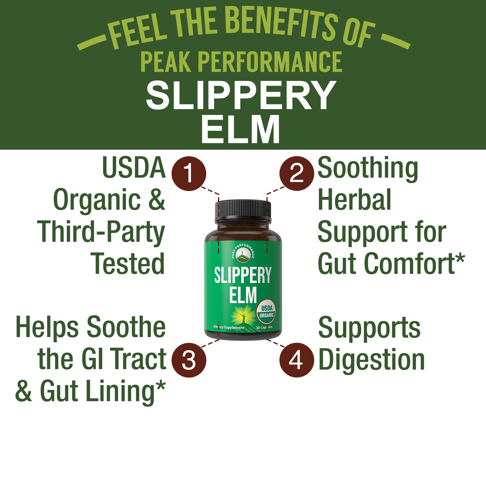 Peak Performance Slippery Elm Bark Capsules side view with label