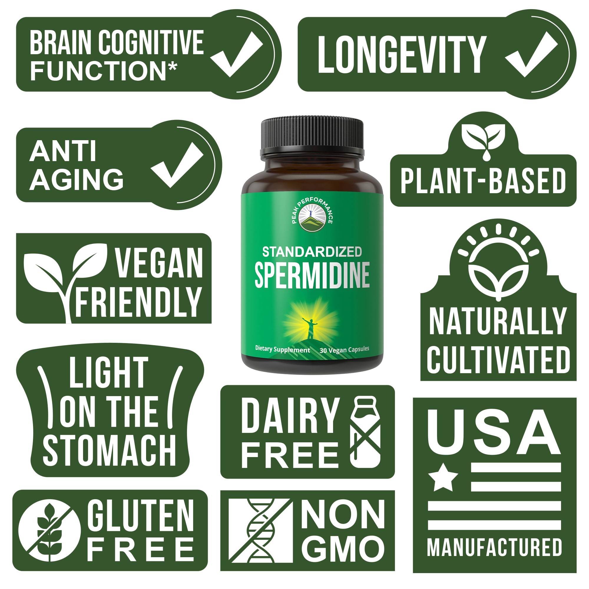 Peak Performance Spermidine Capsules open bottle with capsules