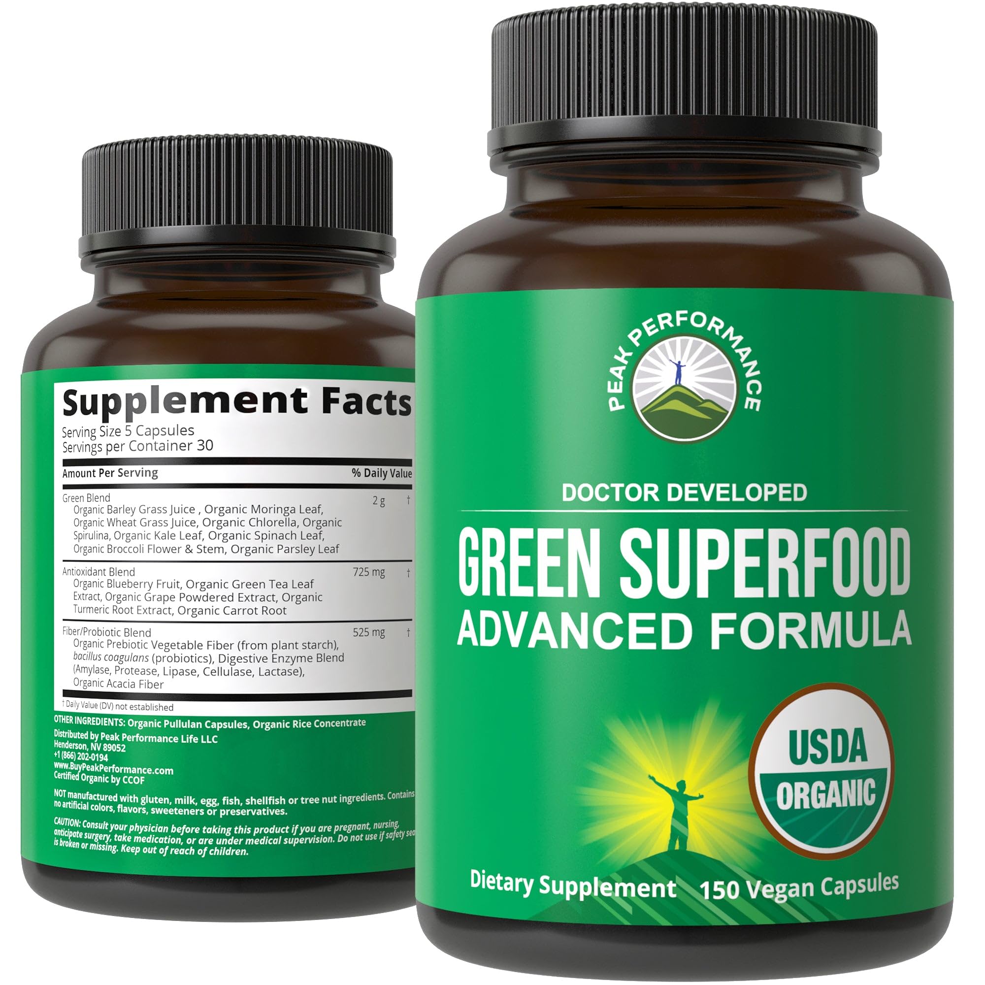 Peak Performance Spirulina Green Superfood Capsules front view