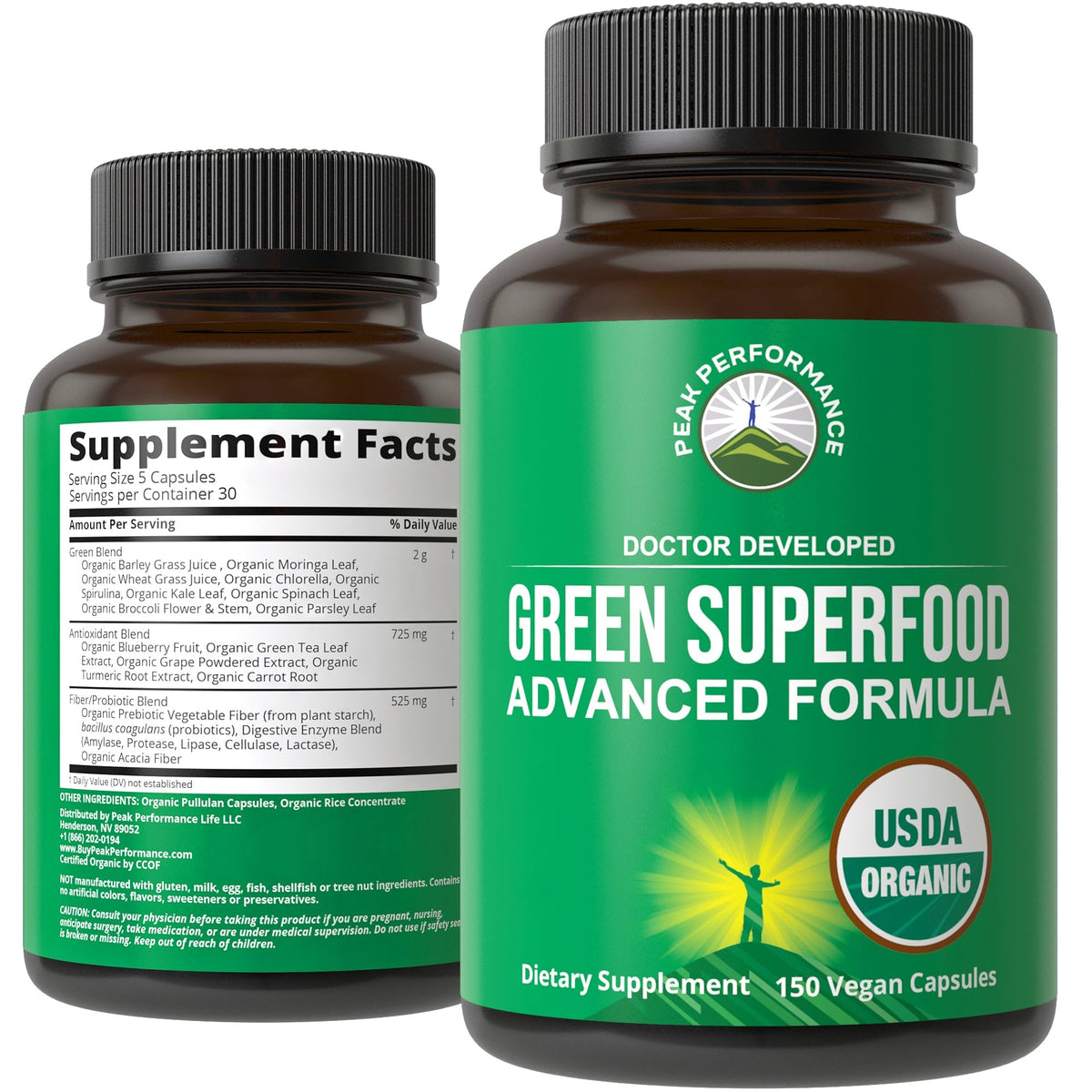 Peak Performance Spirulina Green Superfood Capsules front view
