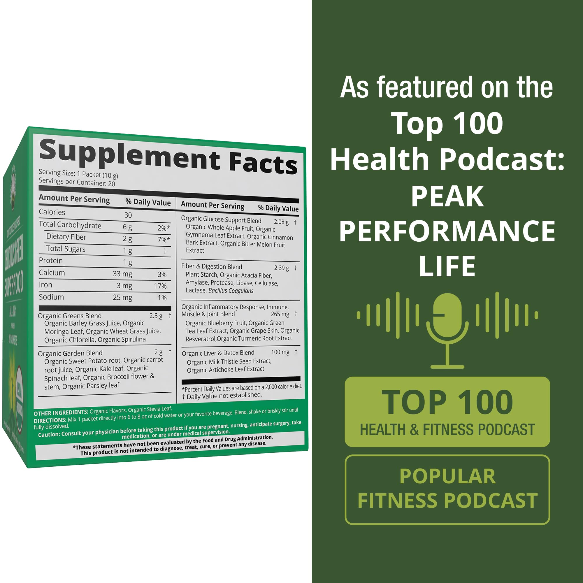 Peak Performance Spirulina Green Superfood Powder back view packaging