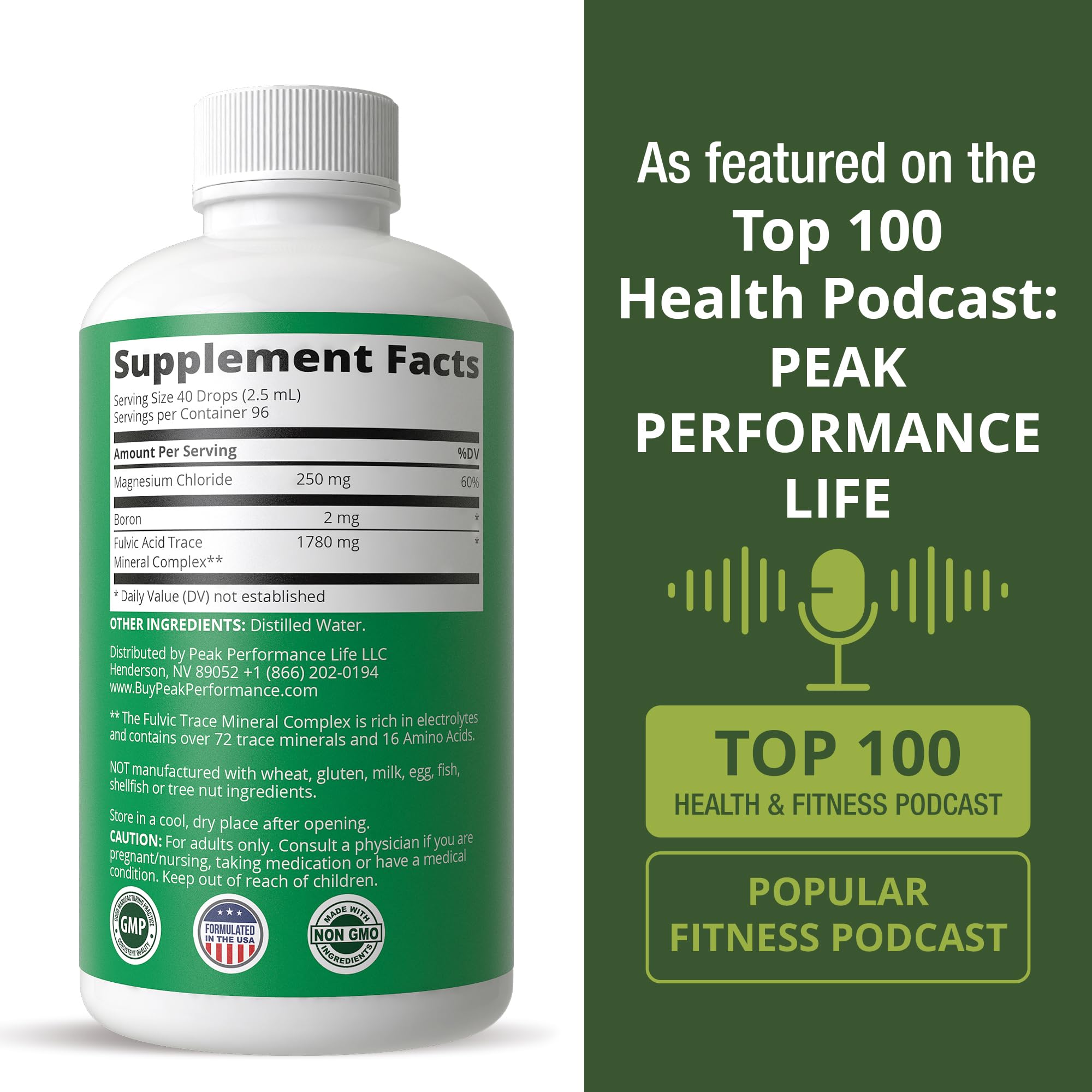 Peak Performance Trace Mineral Drops 272g with a glass of water