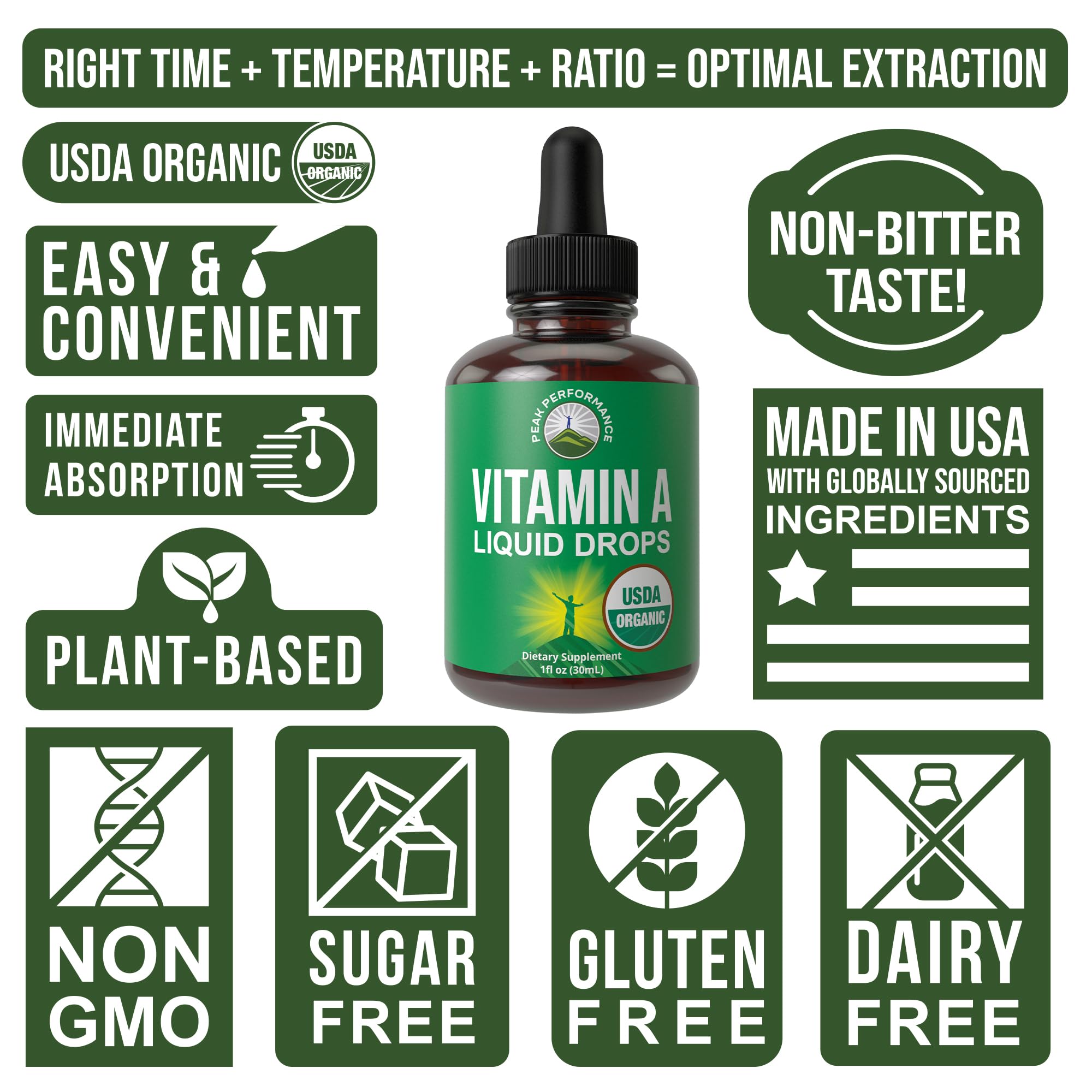 Peak Performance Vitamin A Liquid Drops on a wooden table