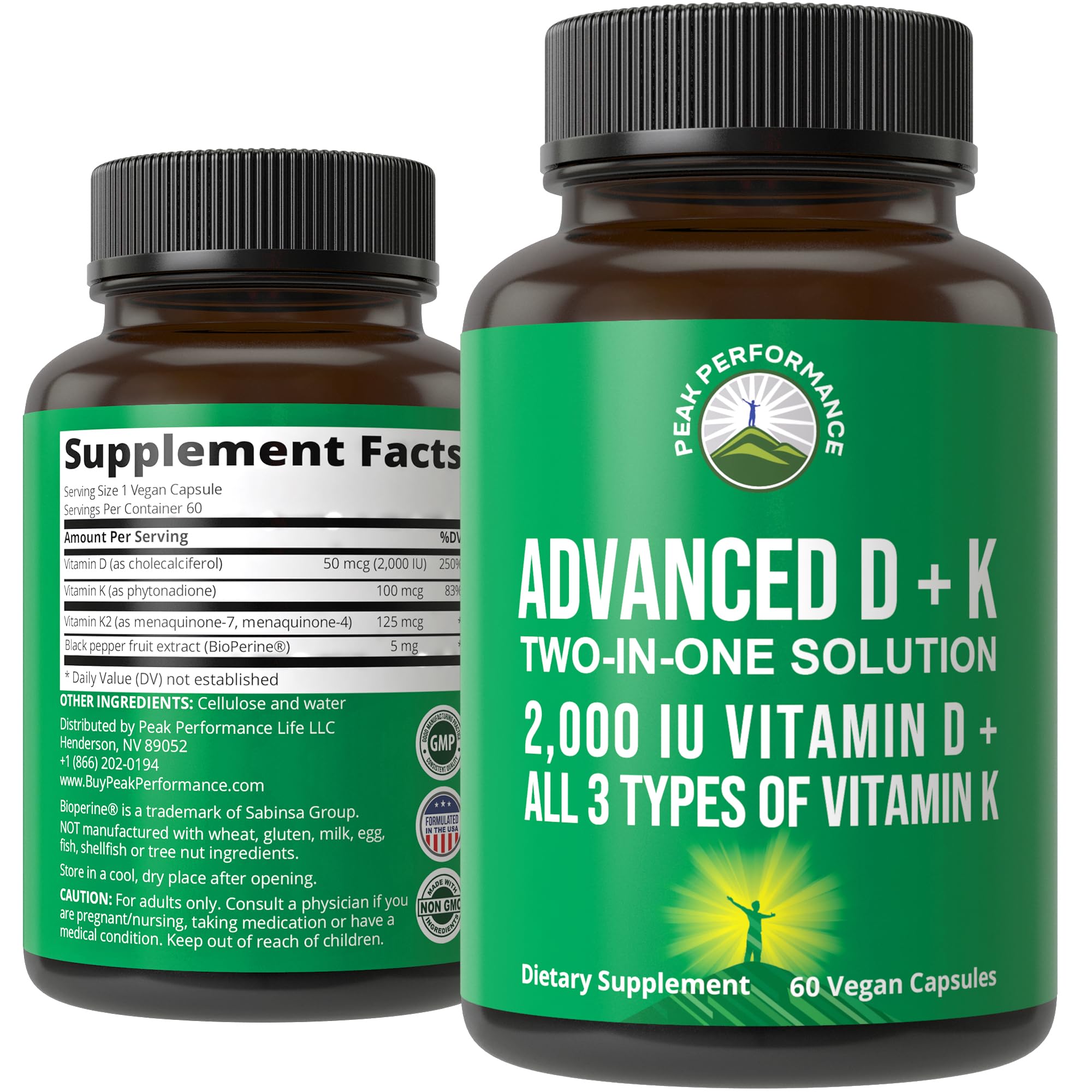 Peak Performance Vitamin D3 with K2 capsules front view