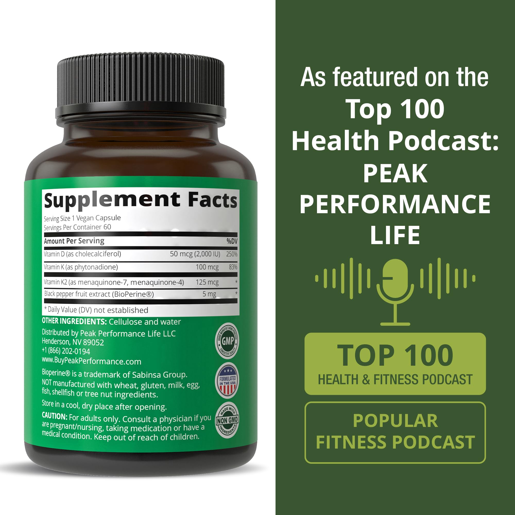 Peak Performance Vitamin D3 with K2 capsules with measuring spoon