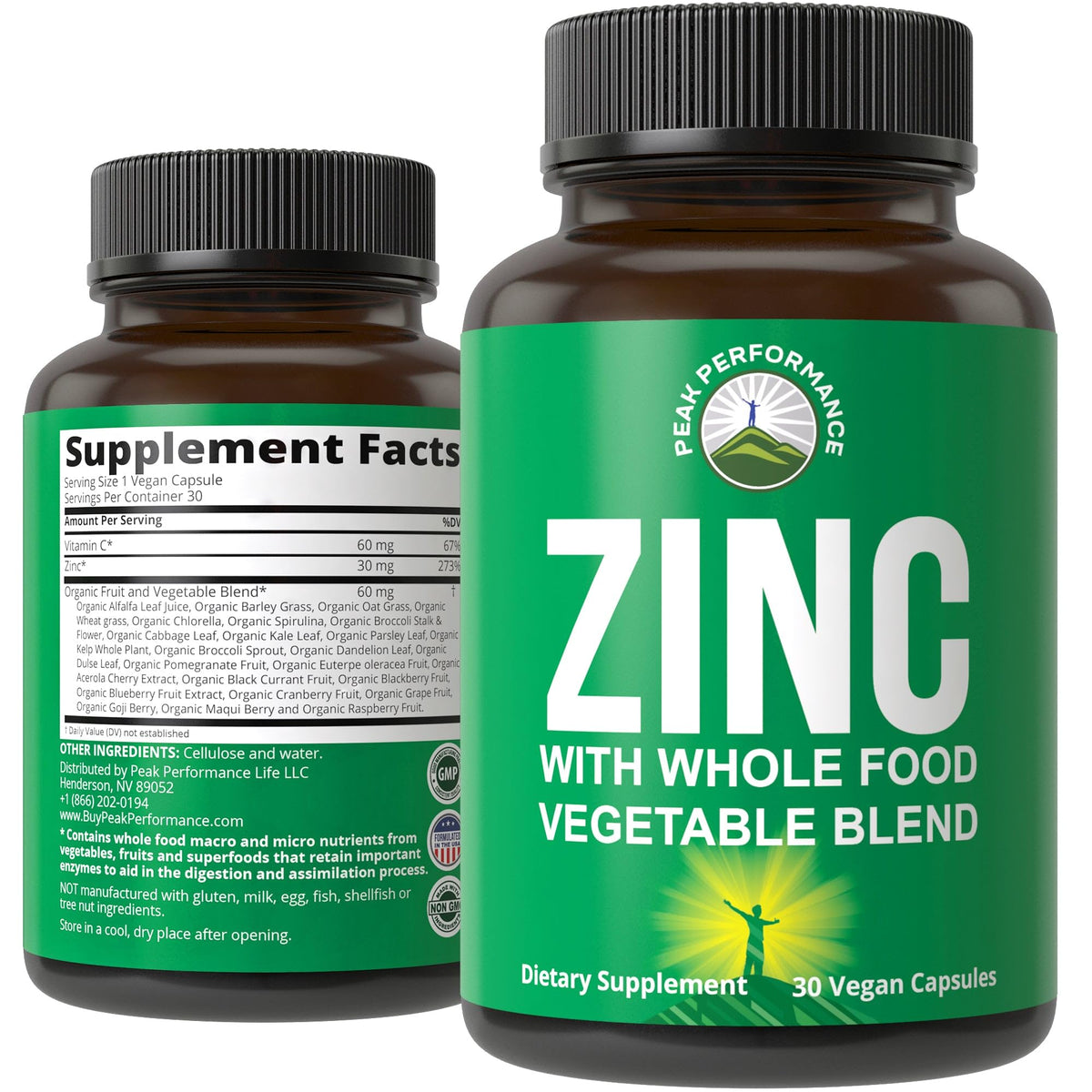 Peak Performance Zinc Supplement 30mg front view packaging