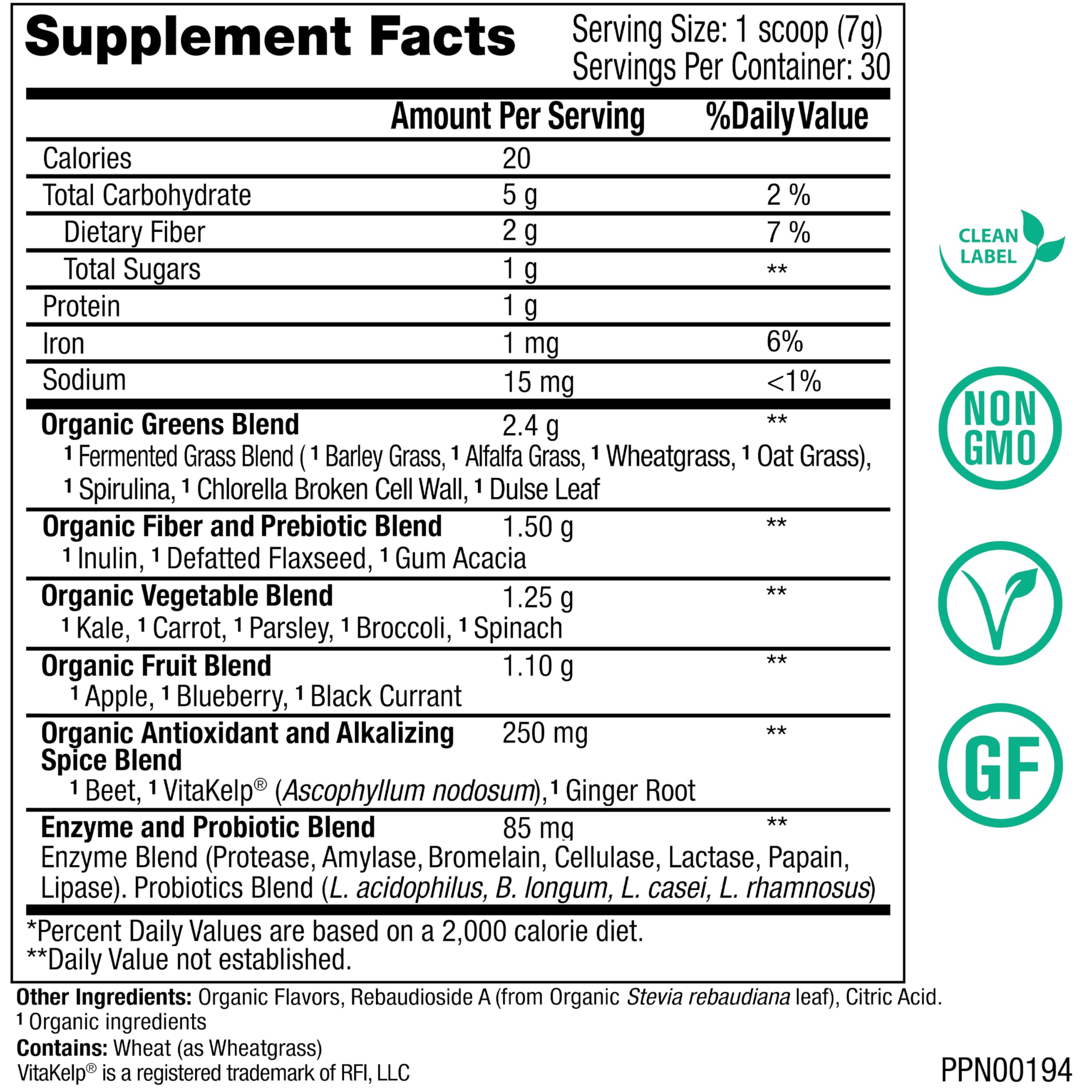 Peak Pure & Natural Peak Greens Powder packaging side view