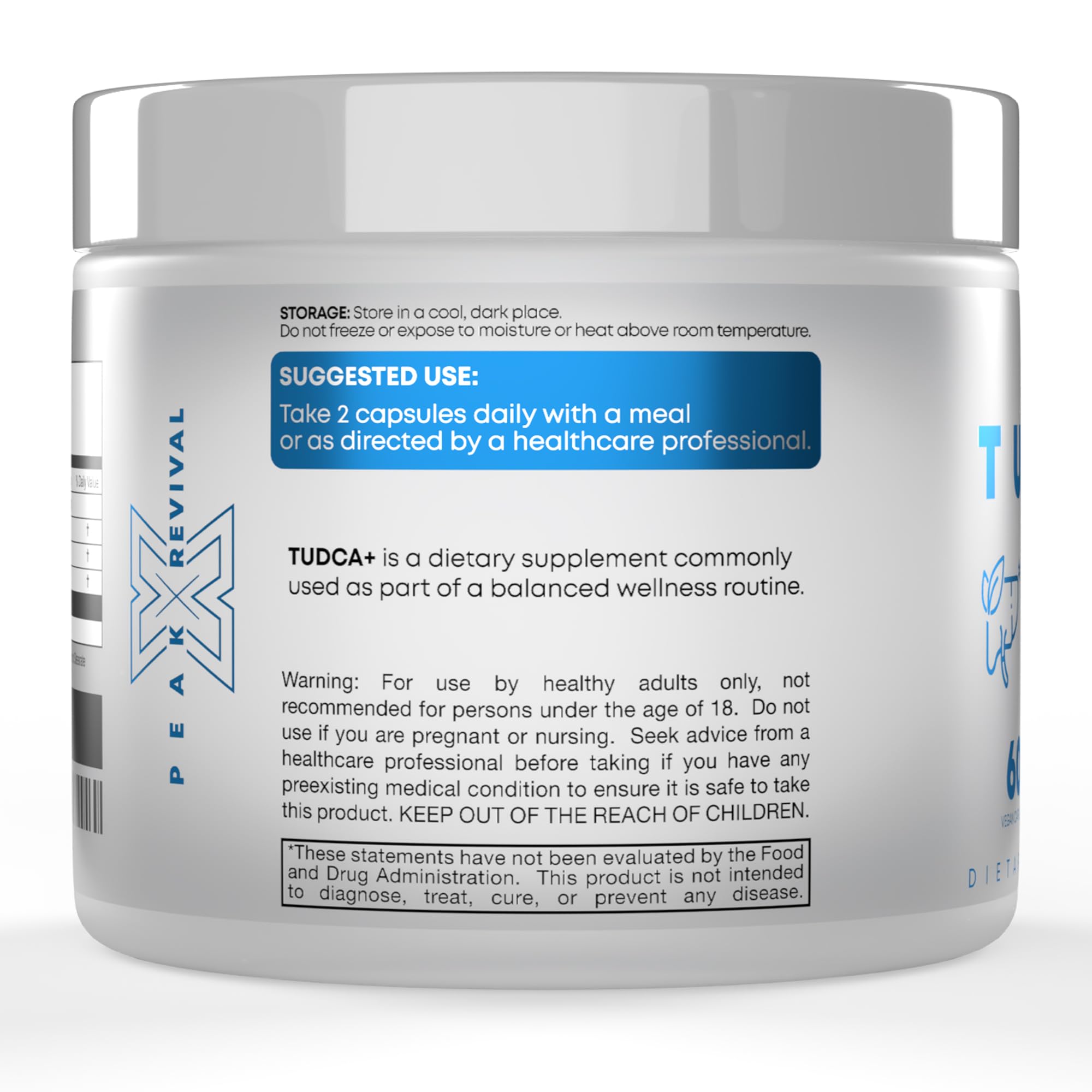 Peak Revival-X Tudca+ 1000mg supplement bottle side view
