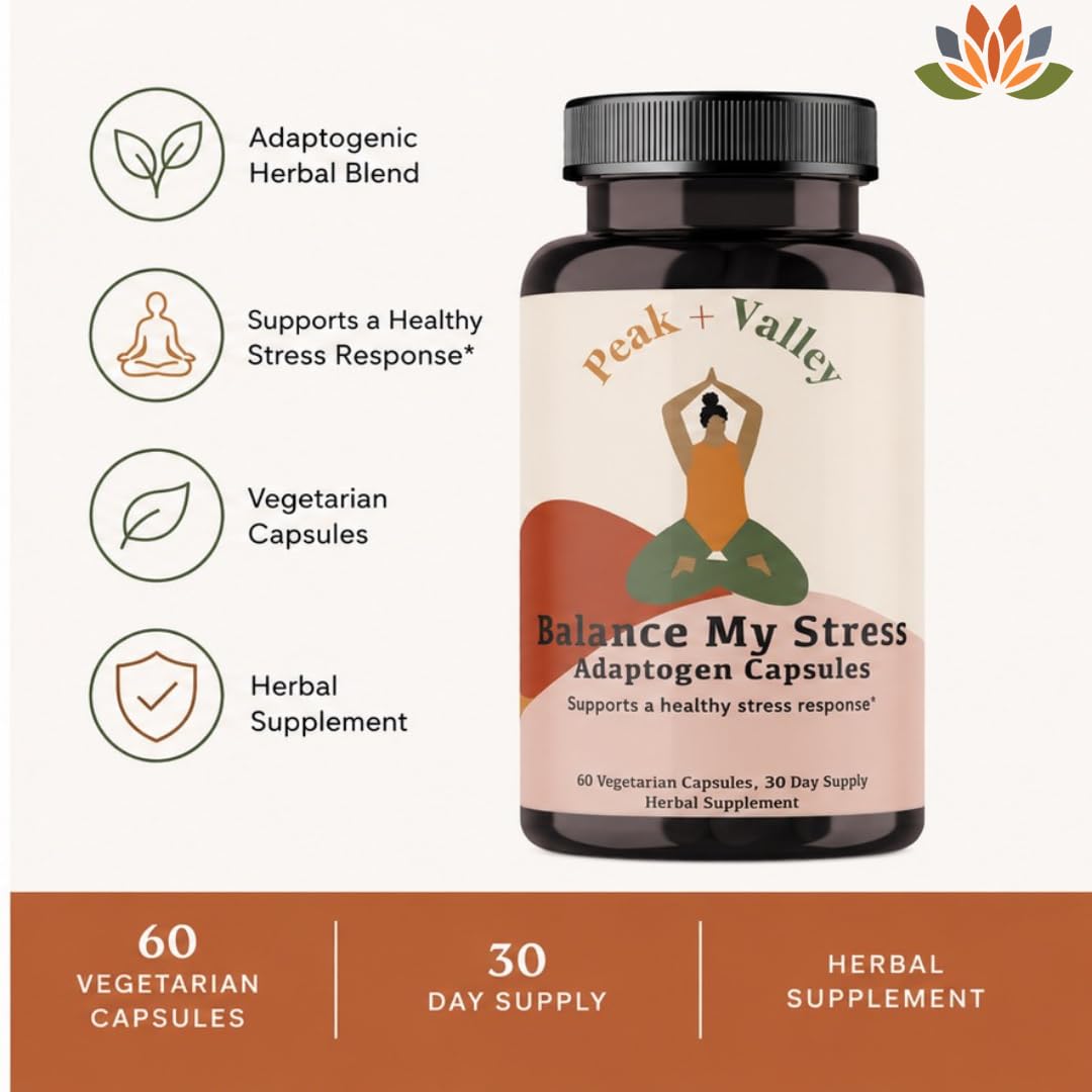 Peak + Valley Herbal Supplement packaging with natural background