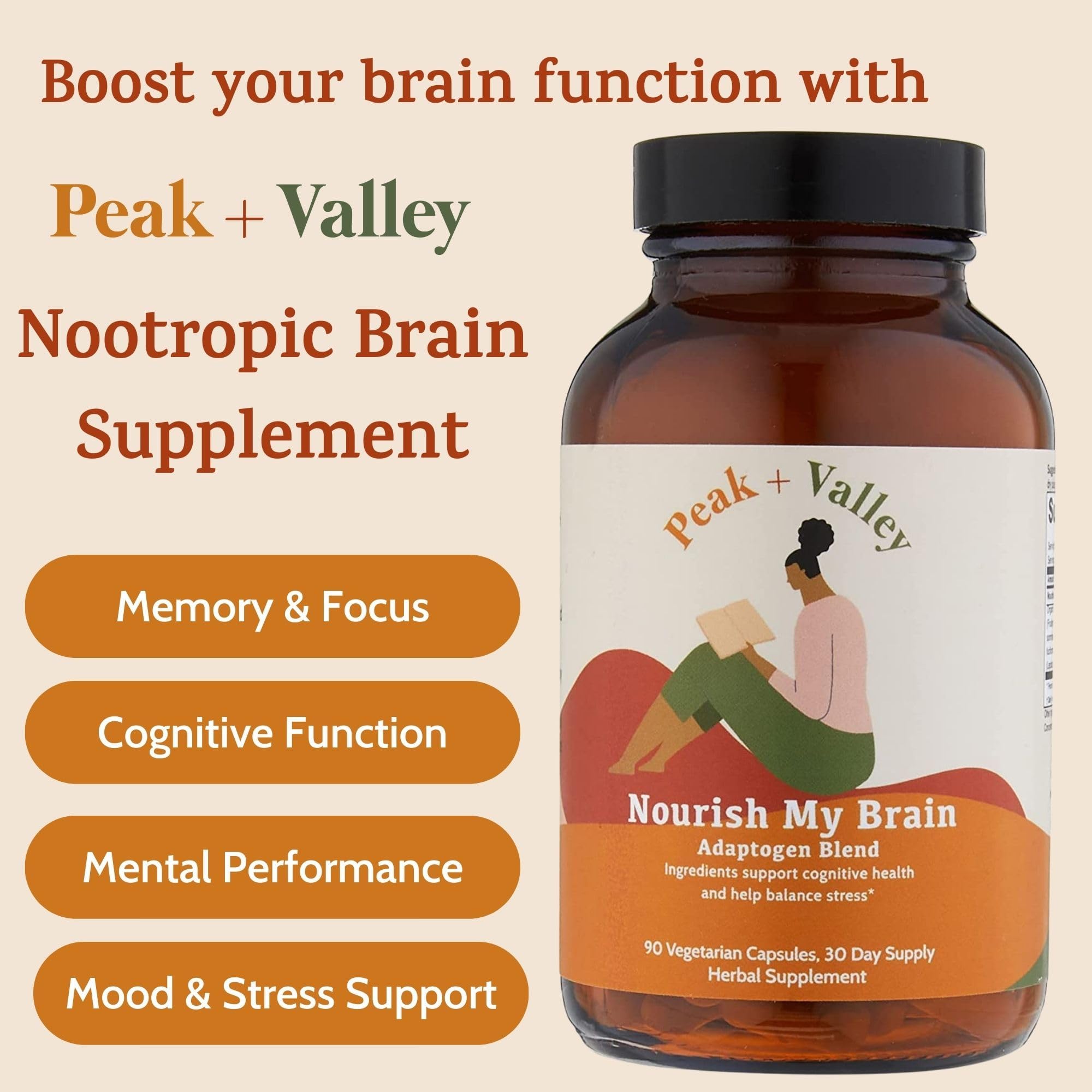 Peak + Valley Memory and Focus Capsules lifestyle scene with water glass