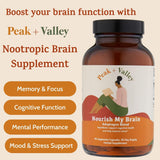 Peak + Valley Memory and Focus Capsules lifestyle scene with water glass