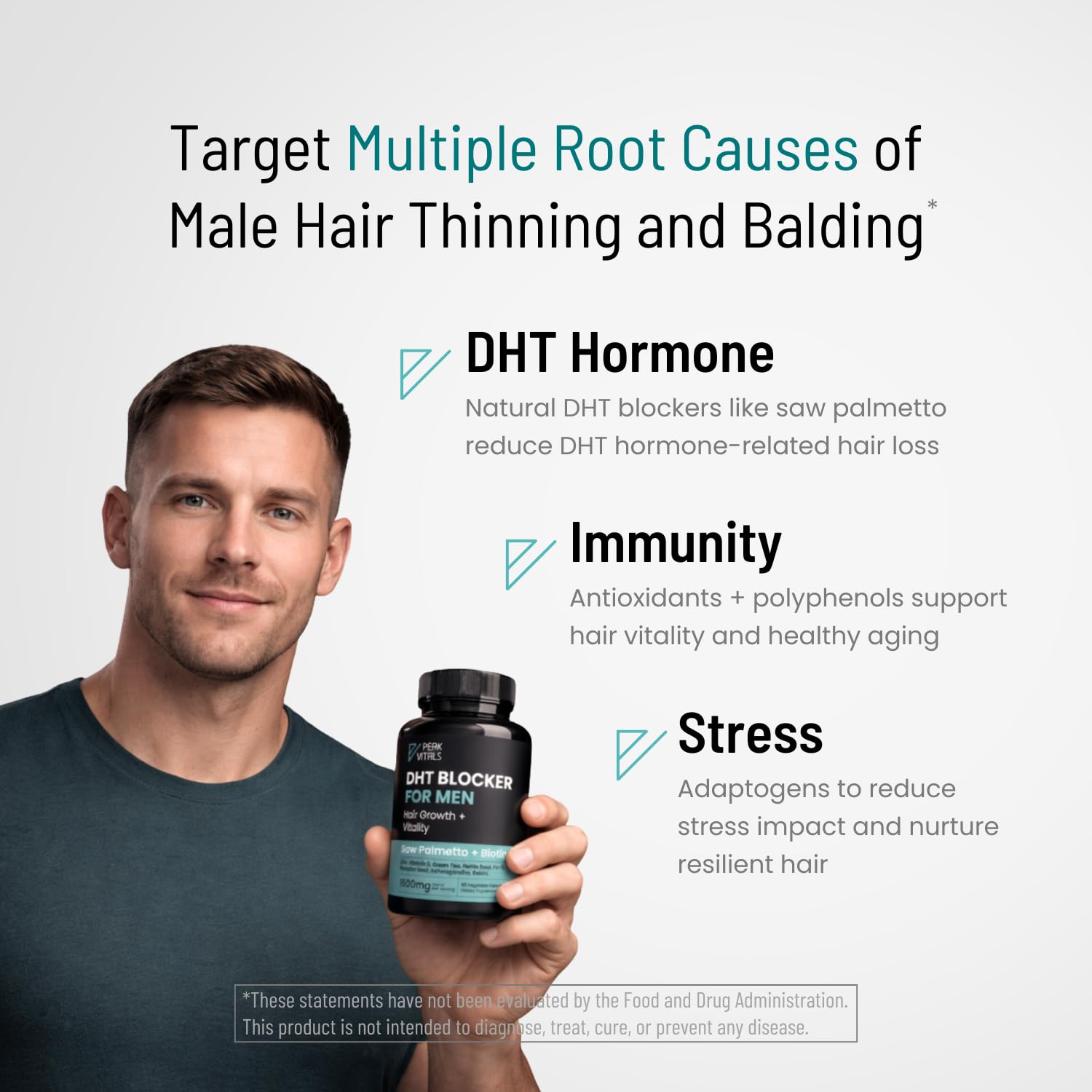PEAK VITALS Saw Palmetto Men's Supplement displayed with natural ingredients