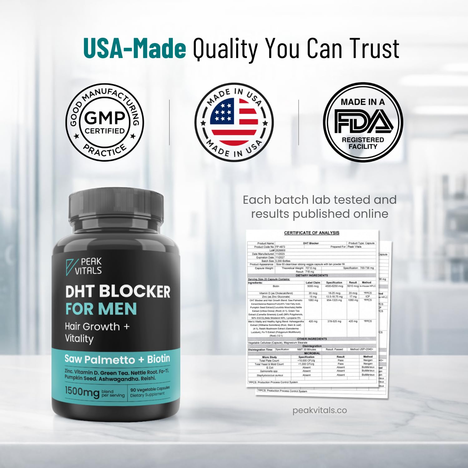PEAK VITALS Saw Palmetto Men's Supplement showing capsule size in hand