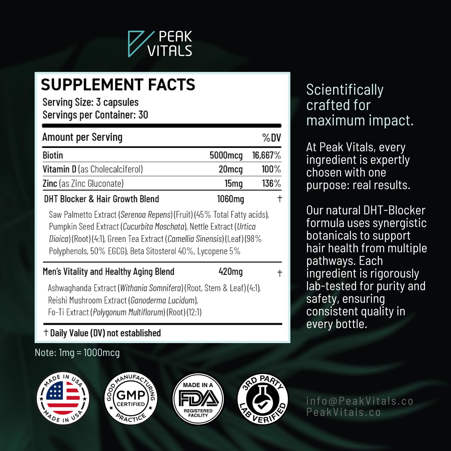 PEAK VITALS Saw Palmetto Men's Supplement side view showing capsule details