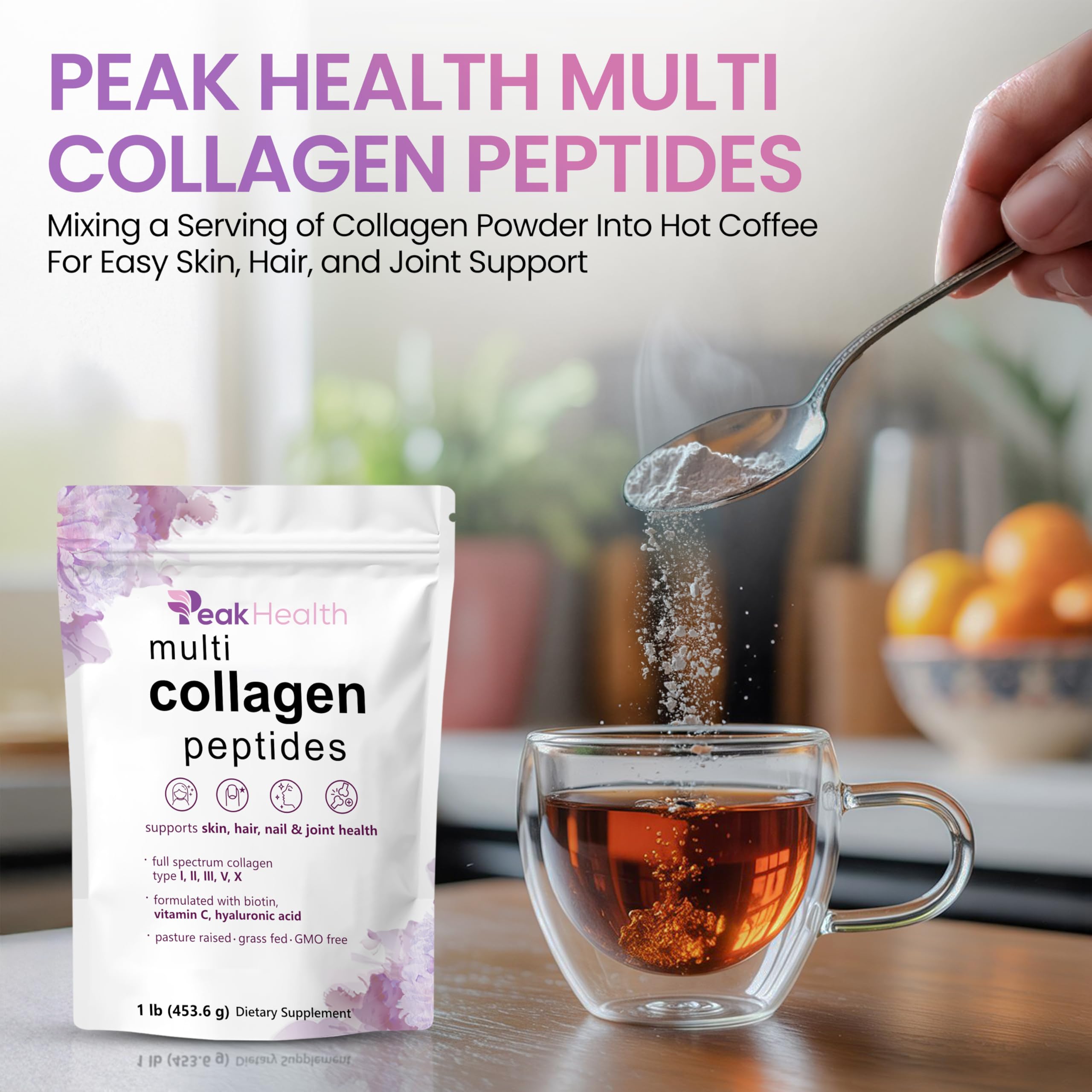 Peakhealth Collagen Peptides Powder mixed in a glass of water