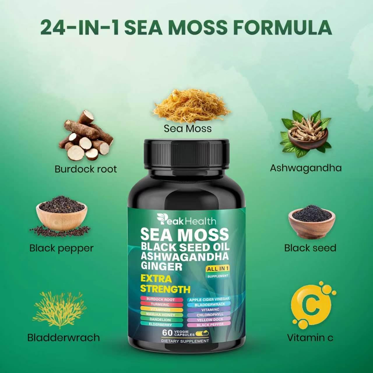Peakhealth Shilajit & Sea Moss Supplement ingredients list