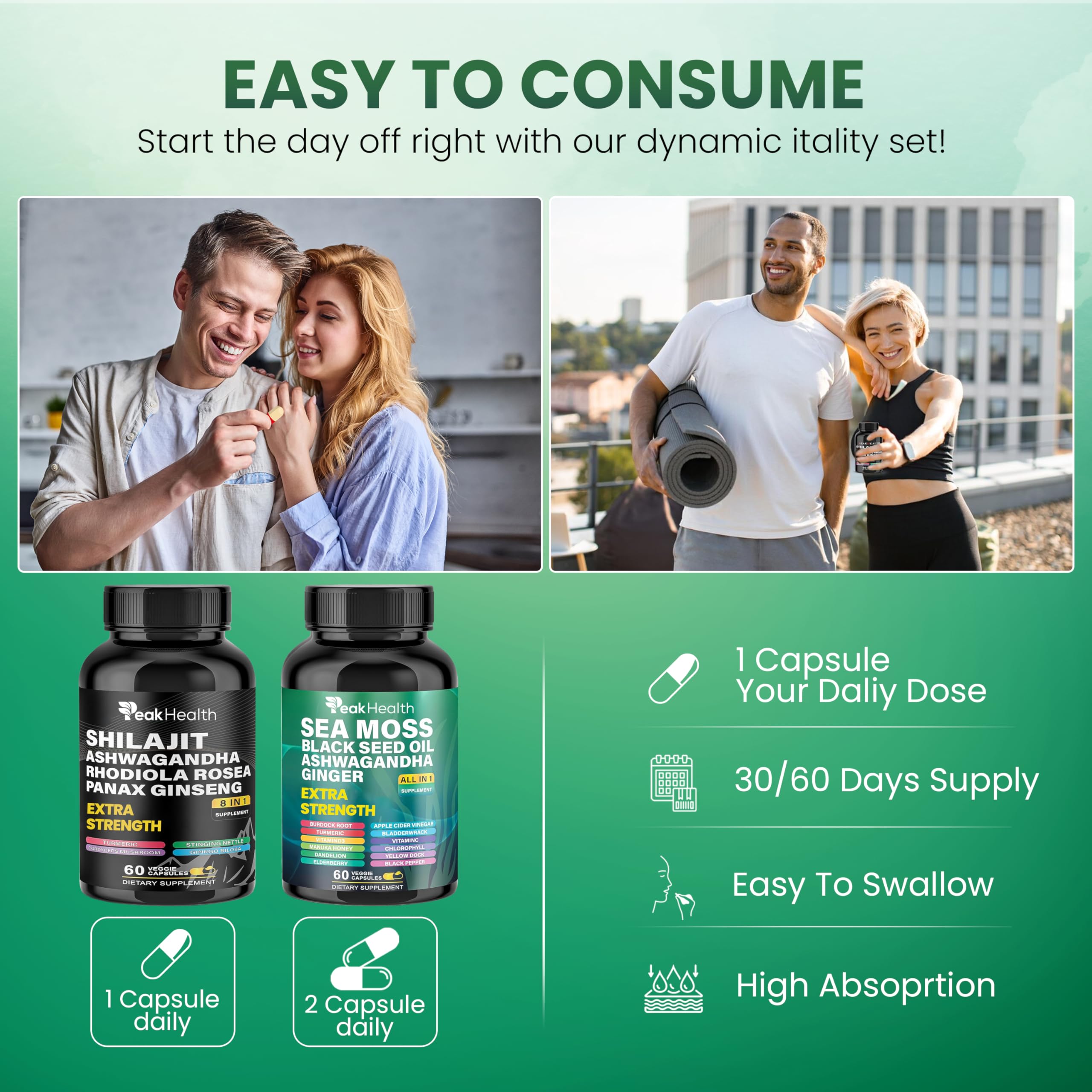 Peakhealth Shilajit & Sea Moss Supplement on a wooden table