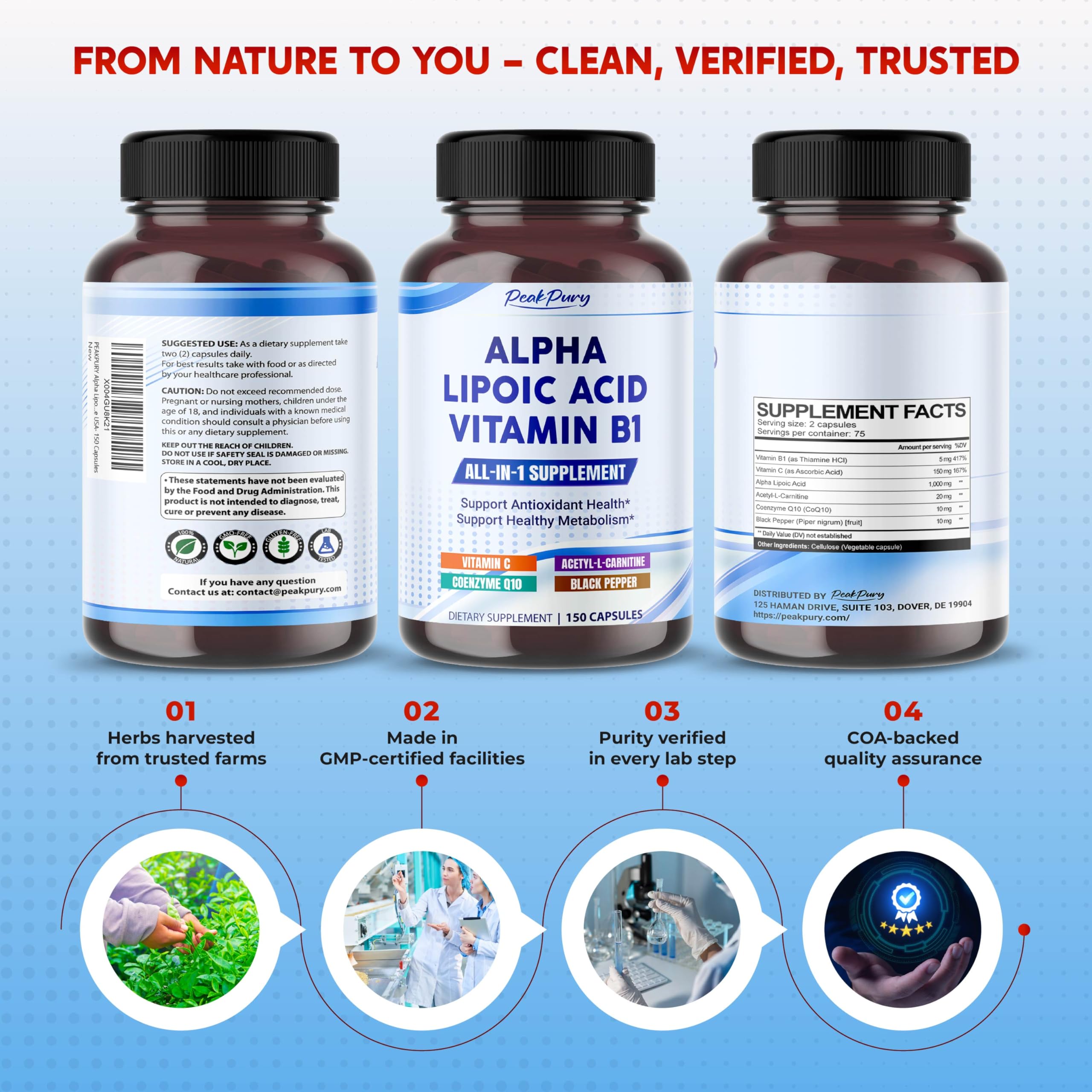 PEAKPURY Alpha Lipoic Acid 150 capsules packaging details