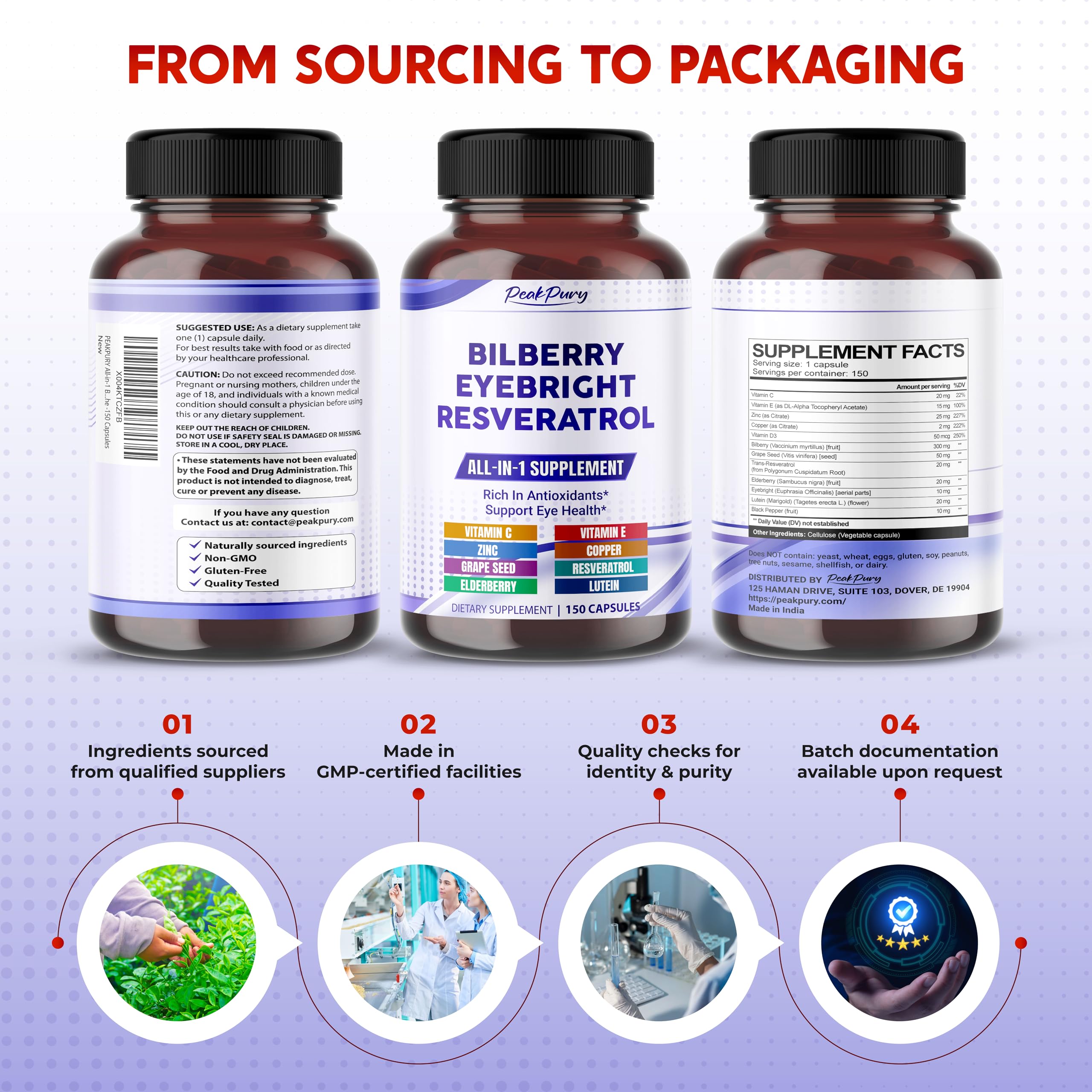 PEAKPURY Bilberry Supplement packaging details