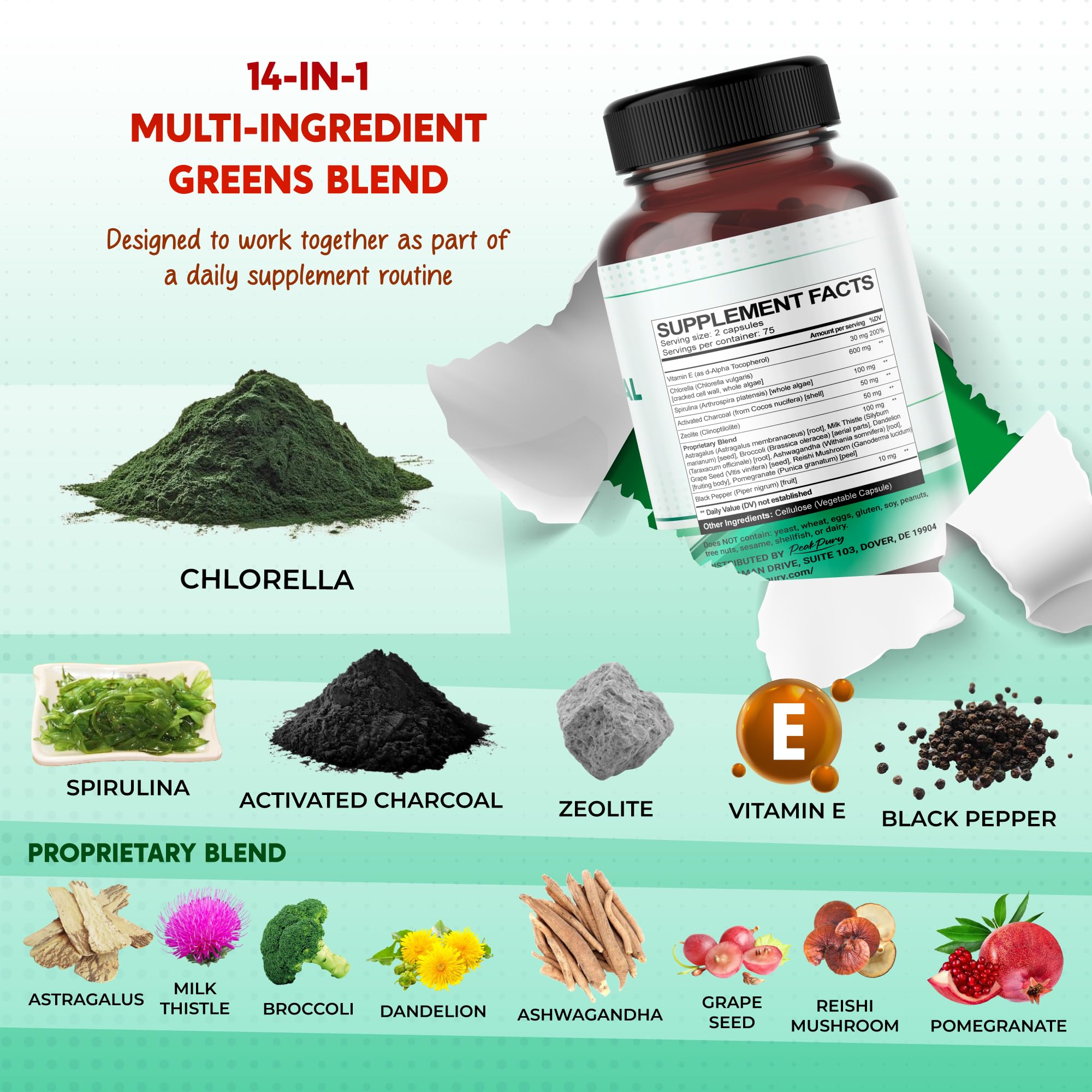 PEAKPURY Chlorella 1000mg Herbal Supplement back view with ingredient list