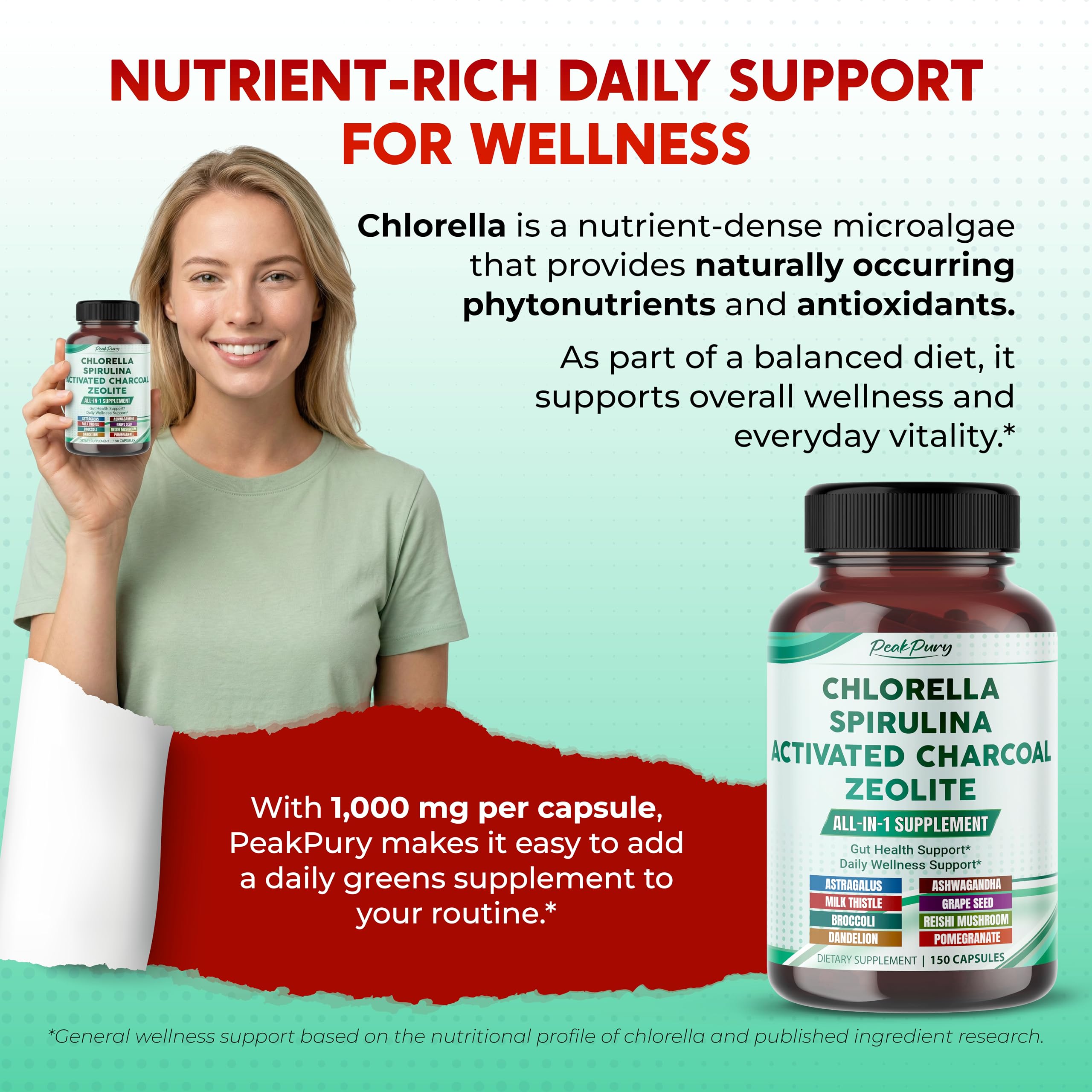 PEAKPURY Chlorella 1000mg Herbal Supplement capsules on a wooden surface