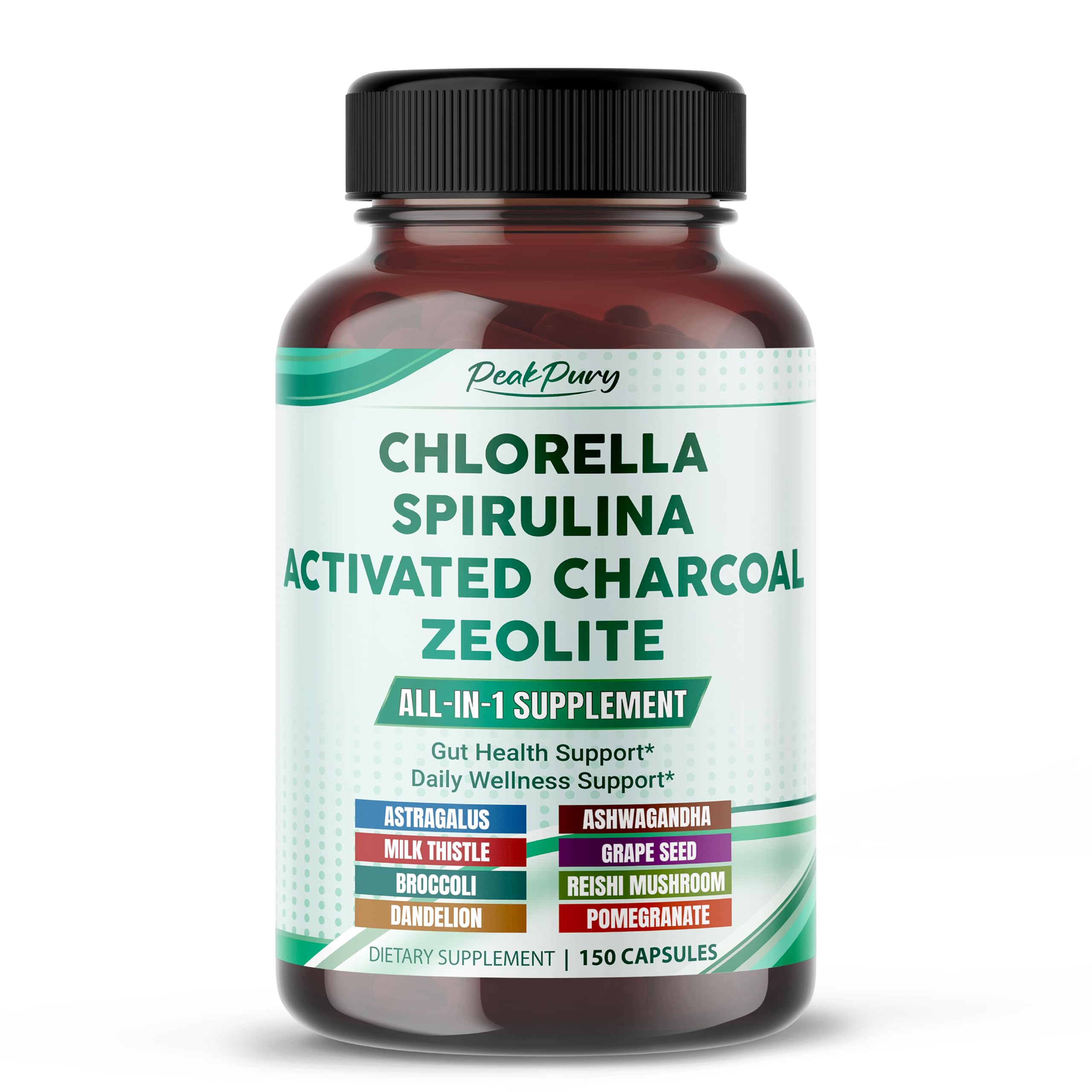 PEAKPURY Chlorella 1000mg Herbal Supplement front view with 150 capsules