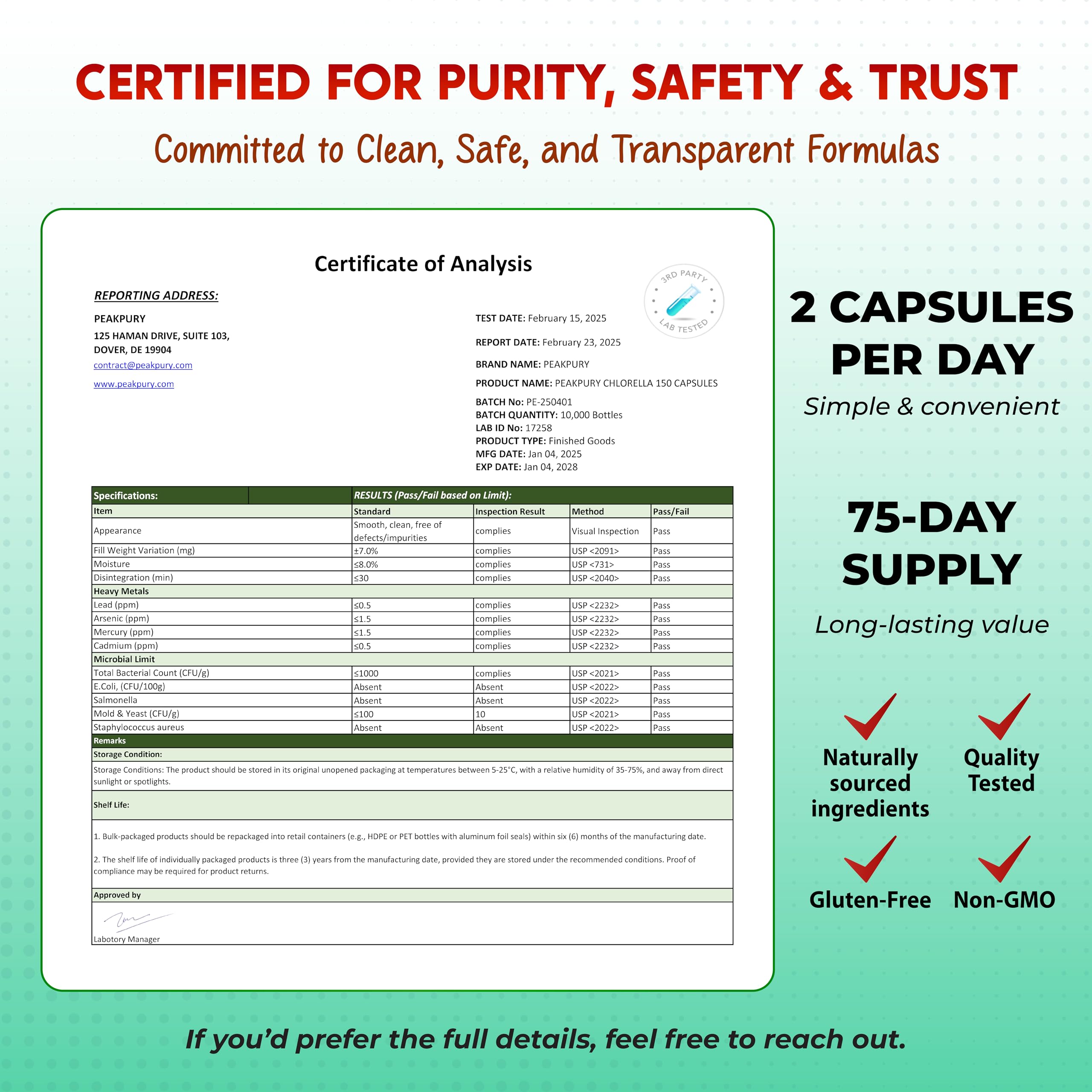 PEAKPURY Chlorella 1000mg Herbal Supplement packaging and label