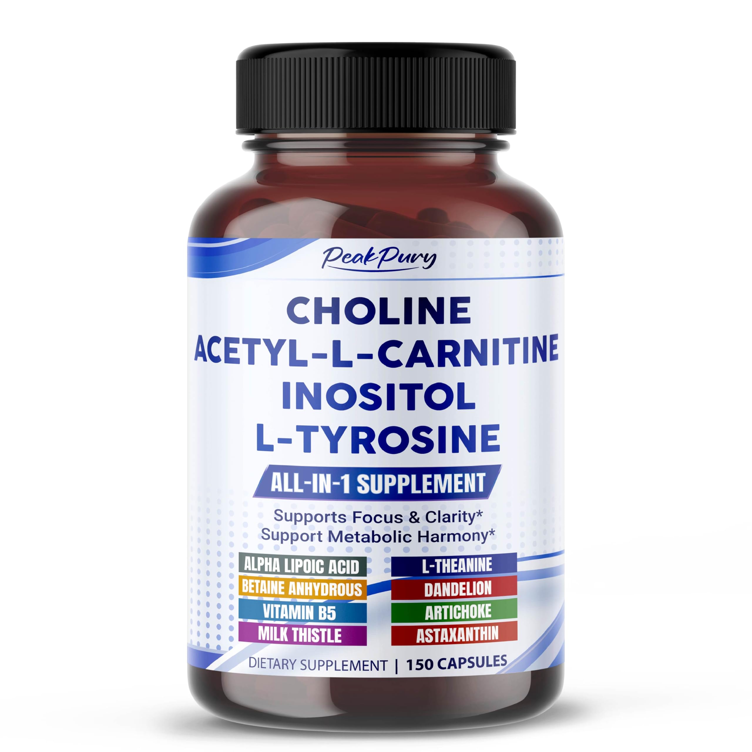 PEAKPURY Choline Supplement bottle front view with 150 capsules