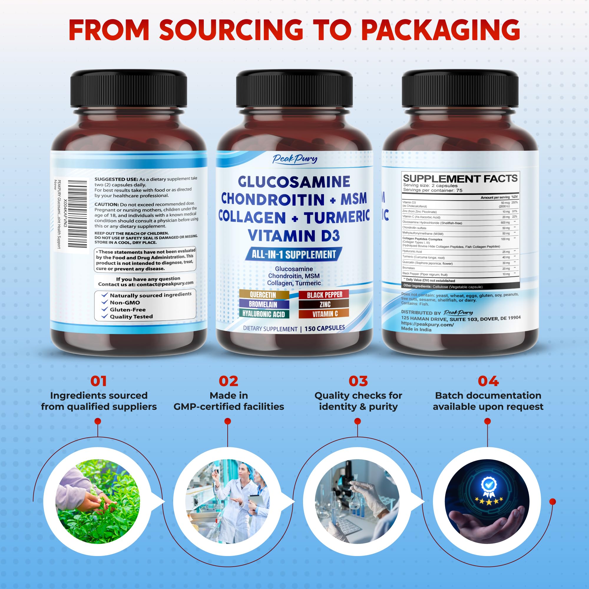 PEAKPURY Glucosamine Chondroitin bottle with a green plant background