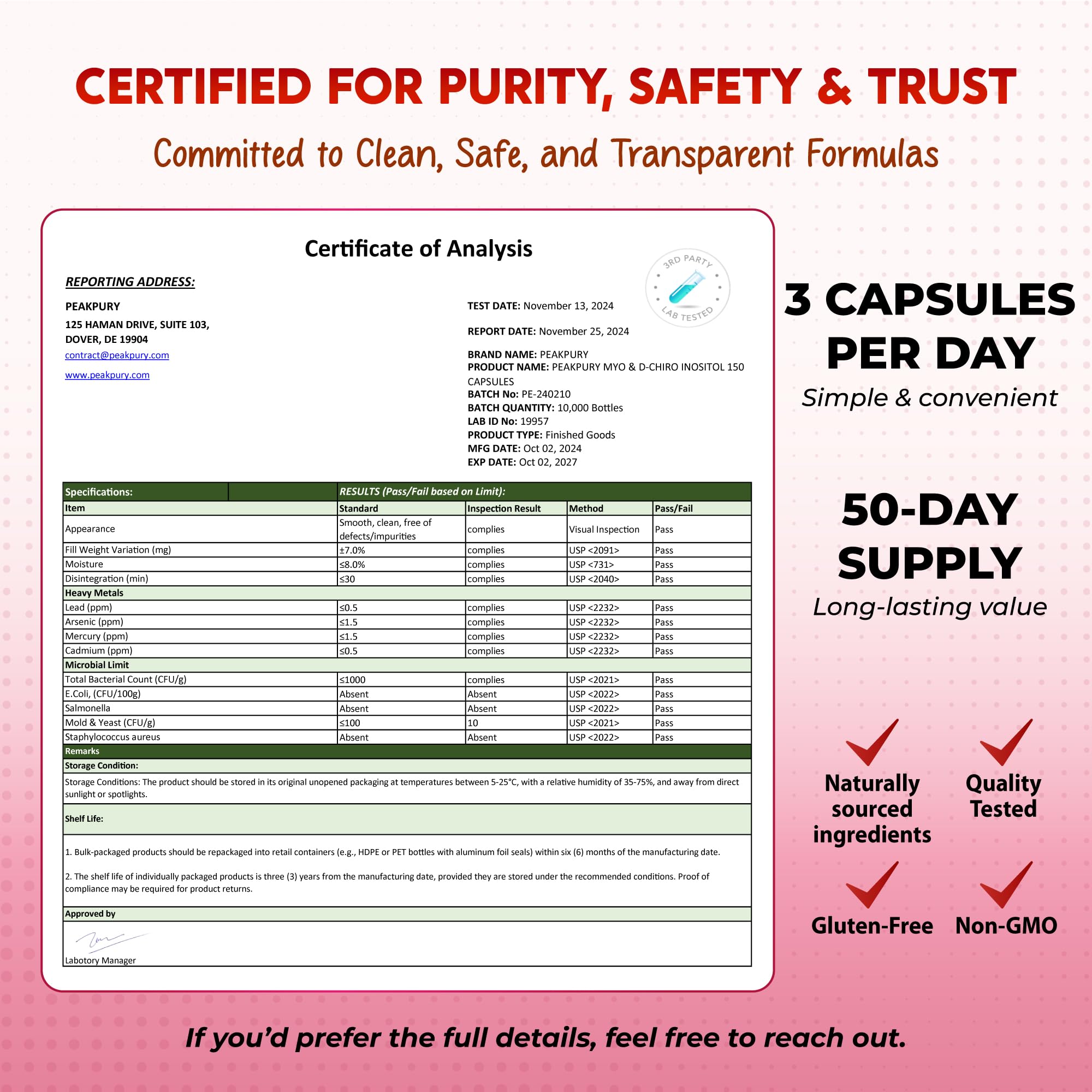 PEAKPURY Inositol Supplement packaging with product information