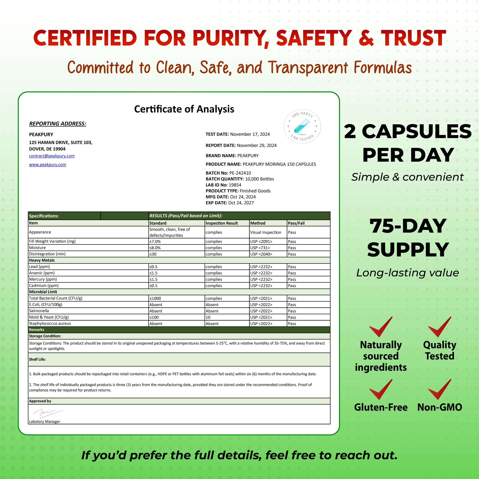 PEAKPURY Moringa Turmeric Supplement Capsules in a hand