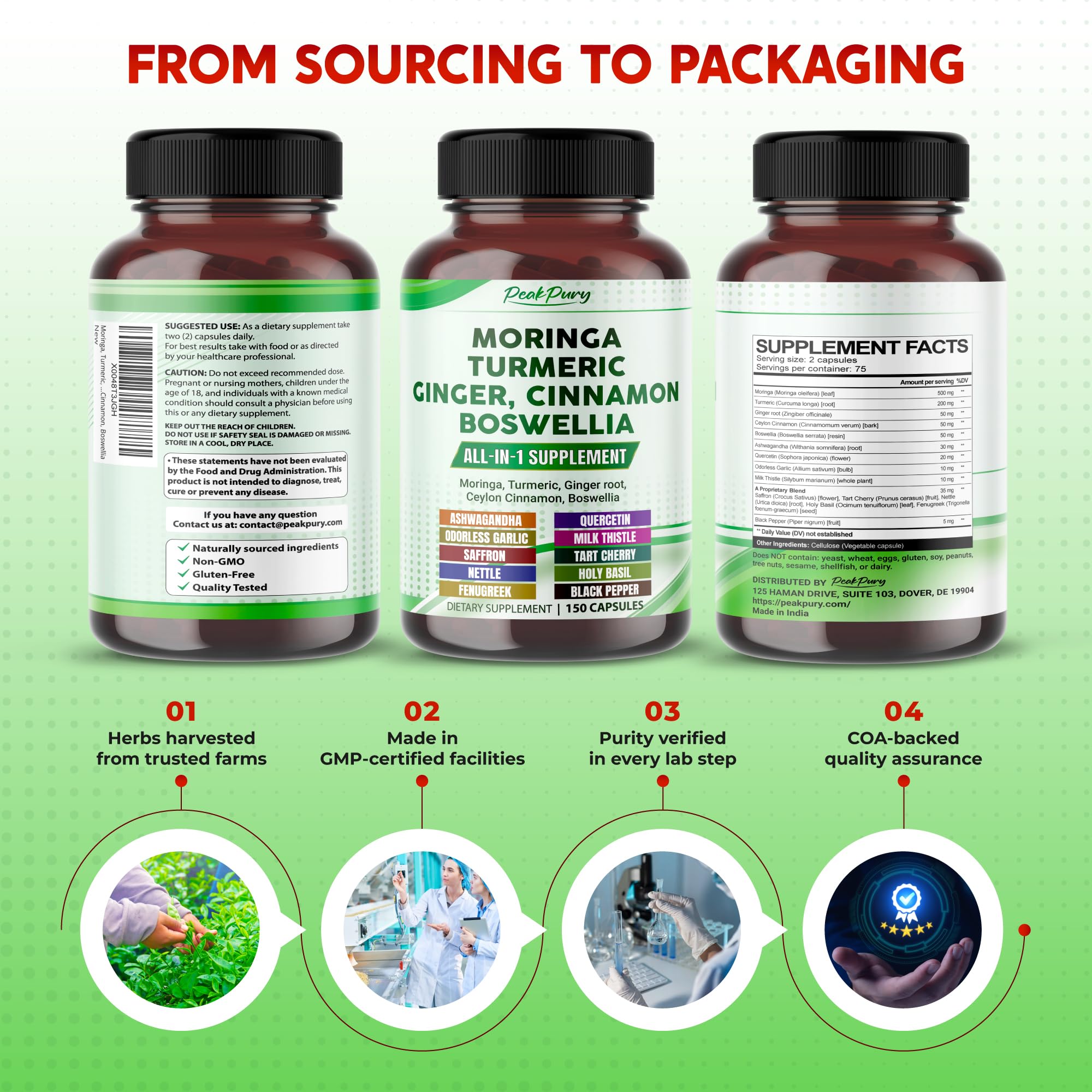PEAKPURY Moringa Turmeric Supplement Capsules opened bottle