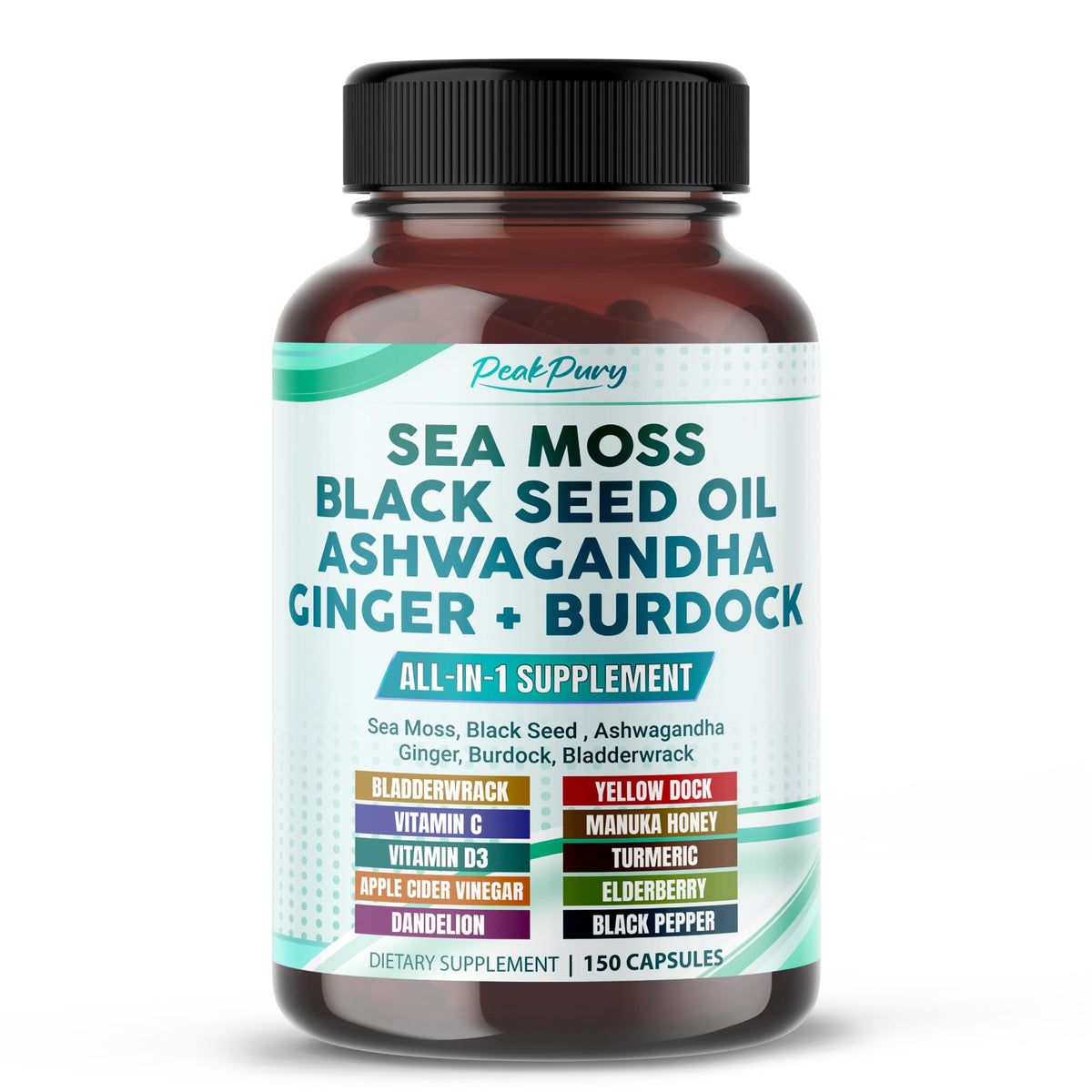 PEAKPURY Sea Moss Capsules bottle front view with 150 count