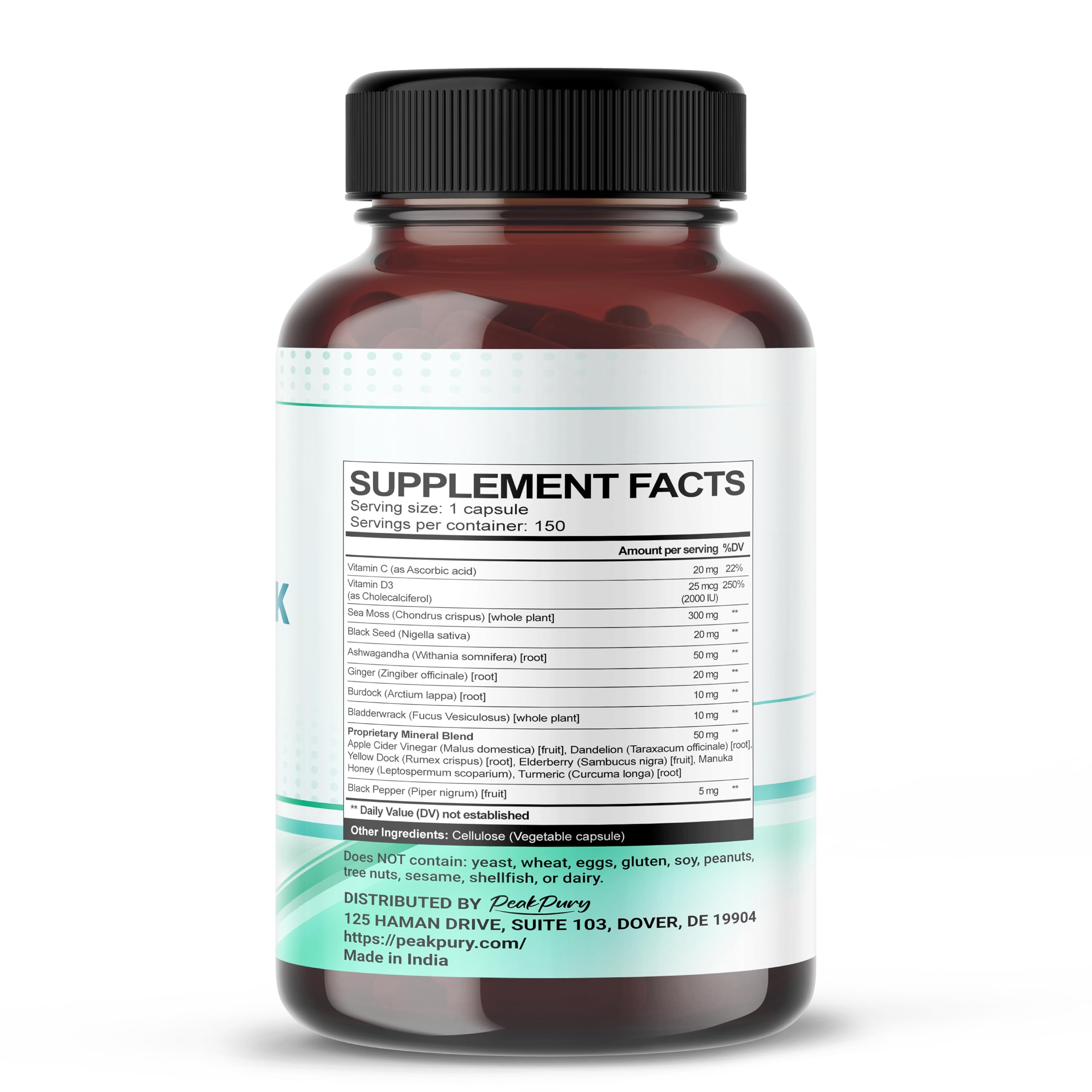 PEAKPURY Sea Moss Capsules side view showing serving size details