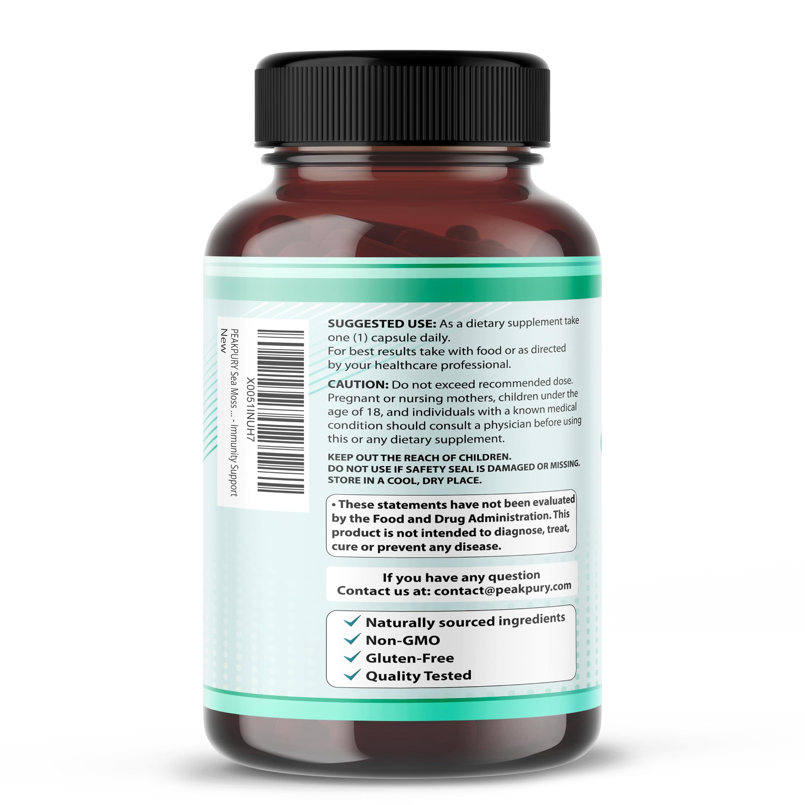 PEAKPURY Sea Moss Capsules with ingredients list on packaging