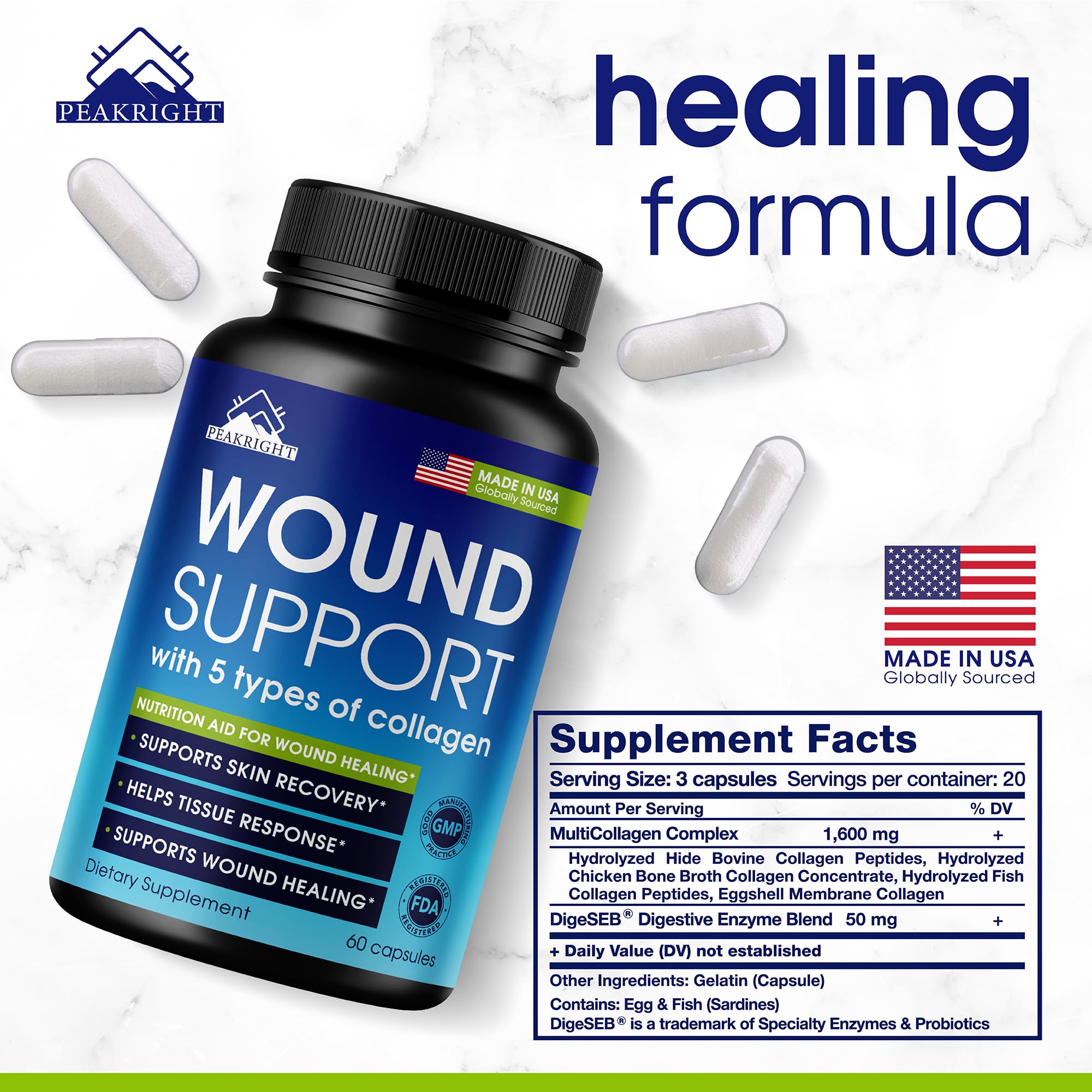 Peakright Wound Healing Supplement capsules in a bottle