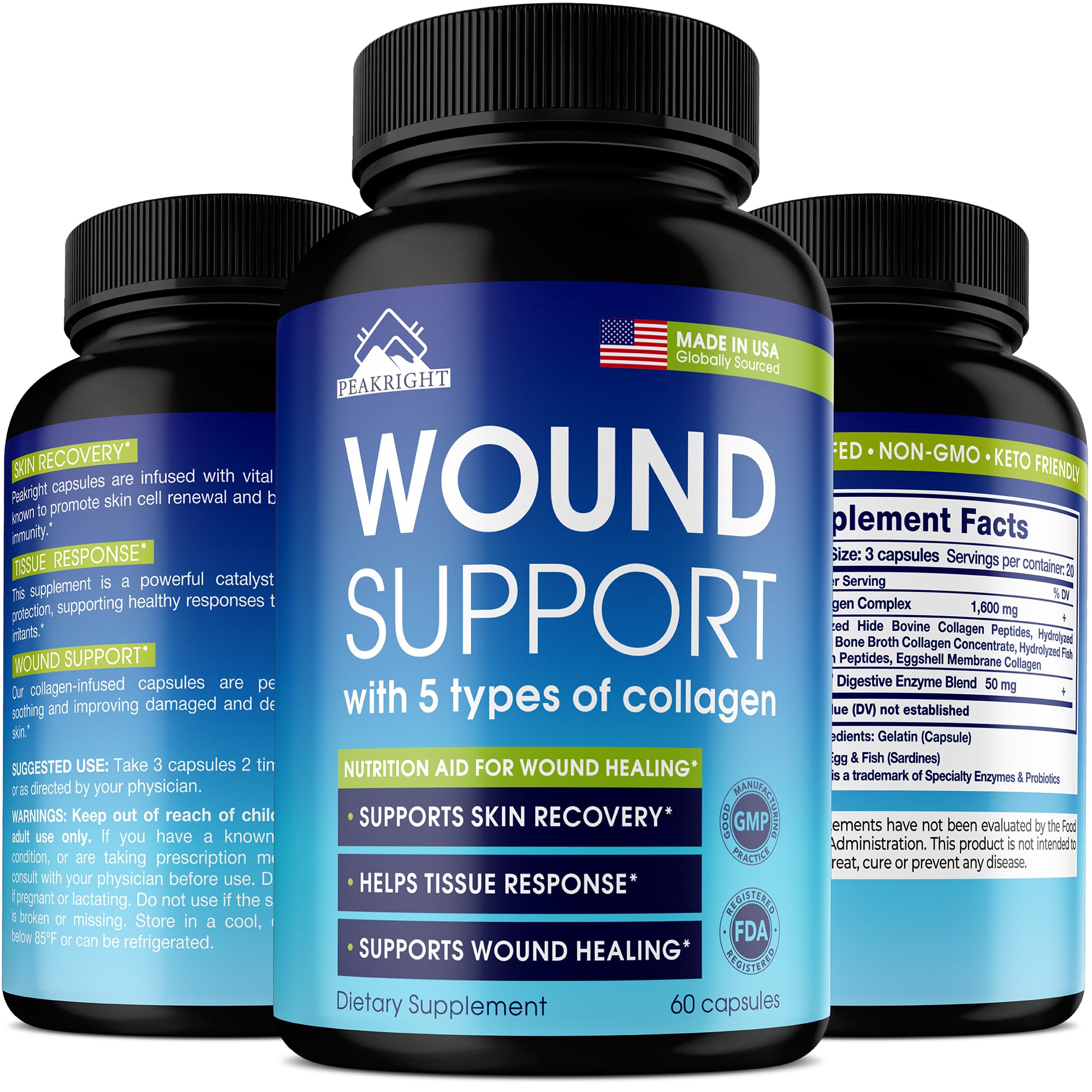 Peakright Wound Healing Supplement front view with Collagen Complex