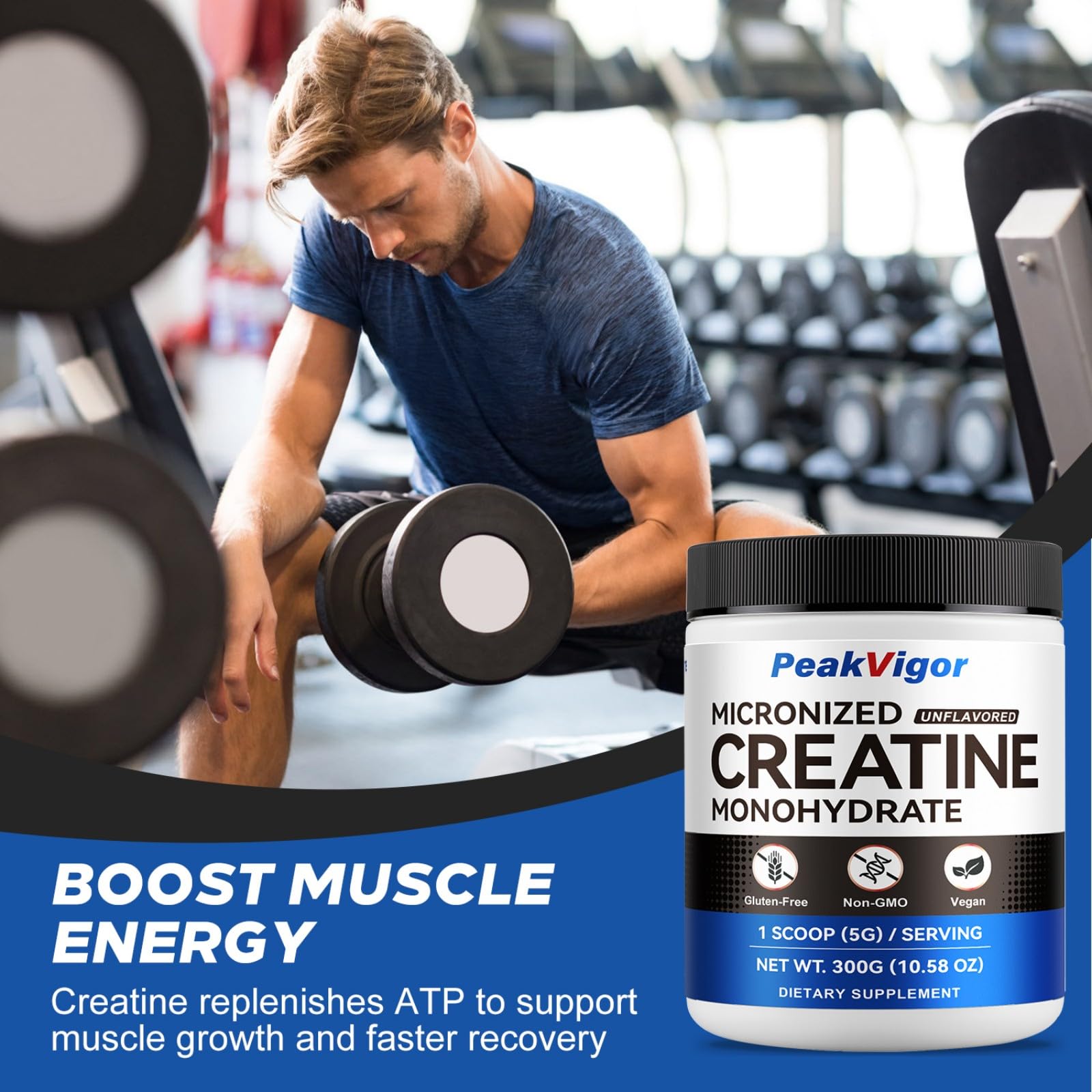 PeakVigor Organics Creatine Monohydrate Powder with measuring scoop