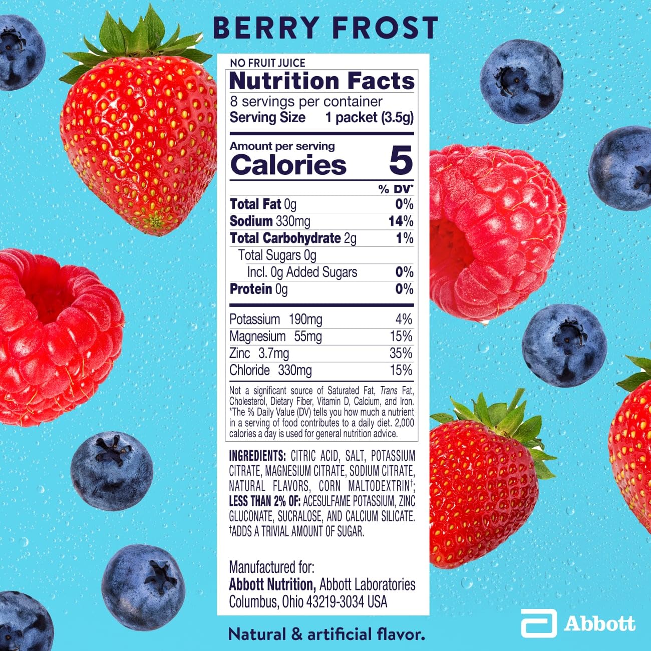 Pedialyte Electrolyte Drink Mix Berry Frost ingredients list