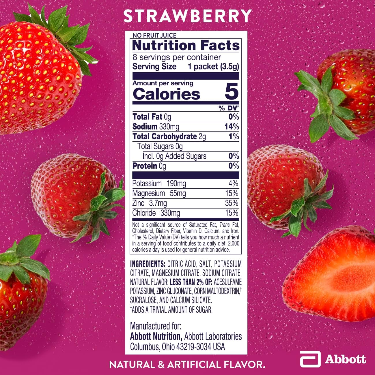 Pedialyte Electrolyte Drink Mix Berry Frost nutritional information