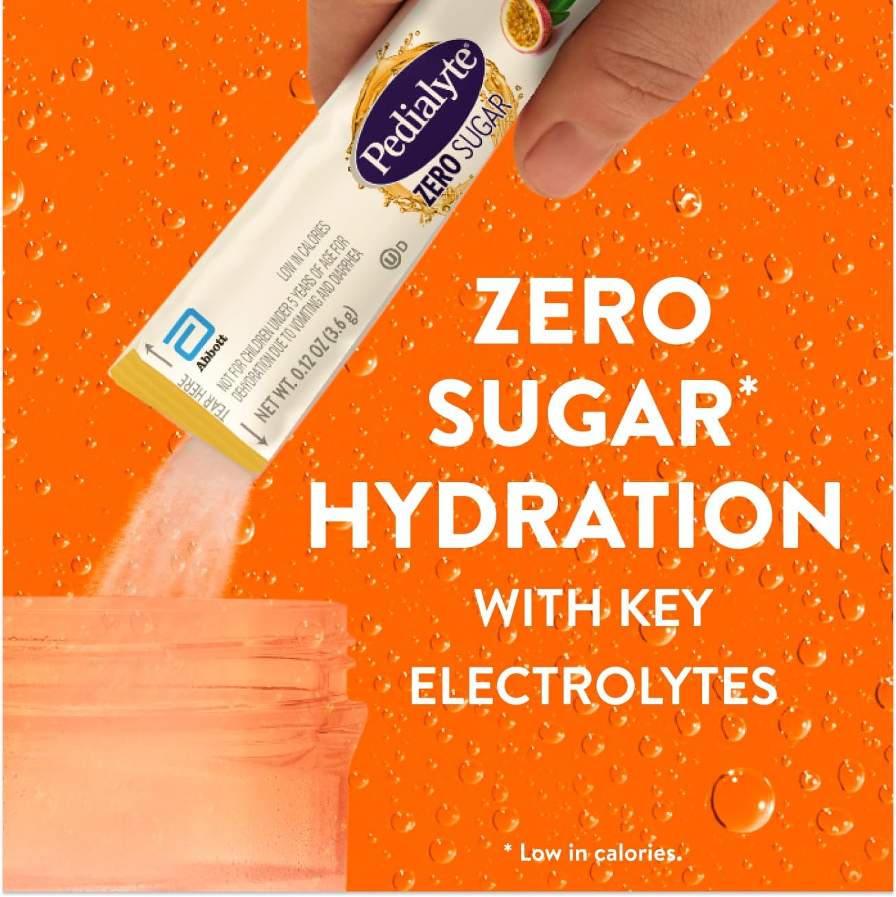 Pedialyte Electrolyte Drink Mix Berry Frost single packet on a table