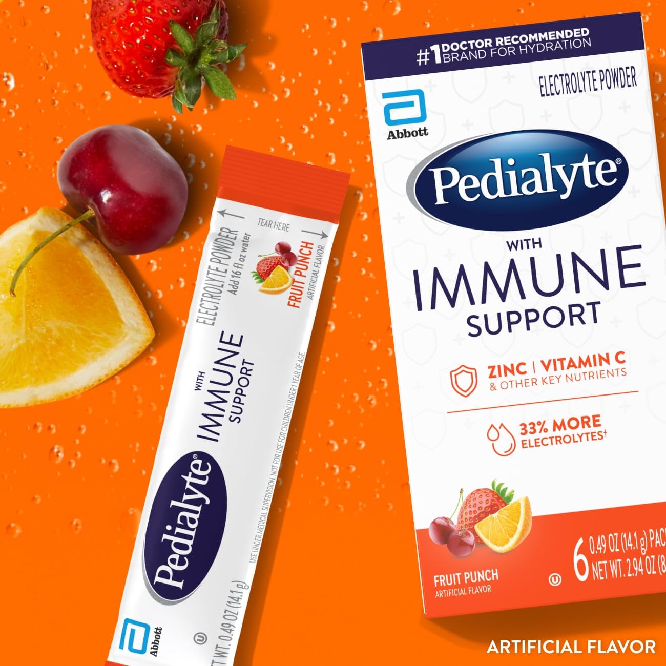 Pedialyte Electrolyte Drink Powder front view with ingredients
