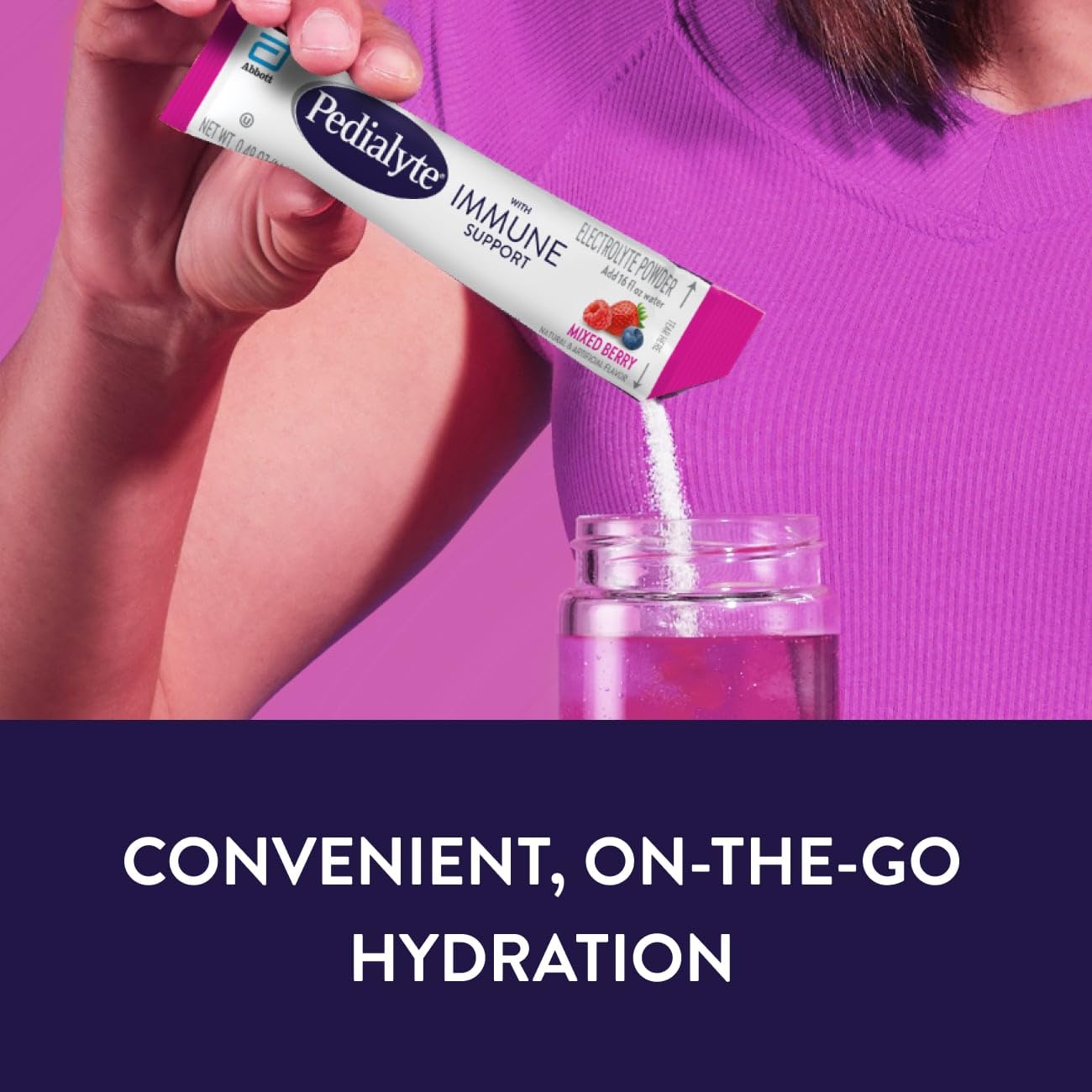 Pedialyte Electrolyte Drink Powder with key nutrients highlighted