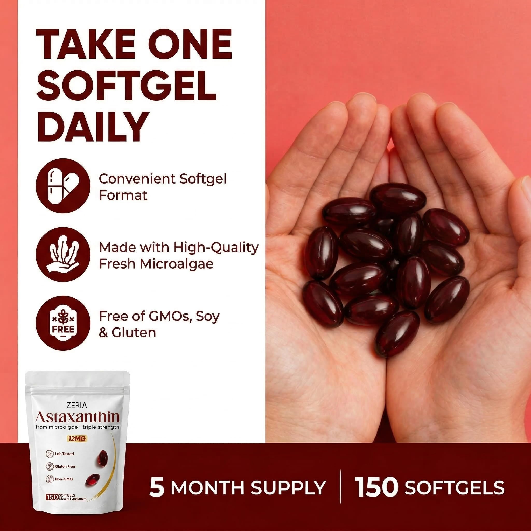 Peehss Astaxanthin 12mg softgels with a measuring spoon