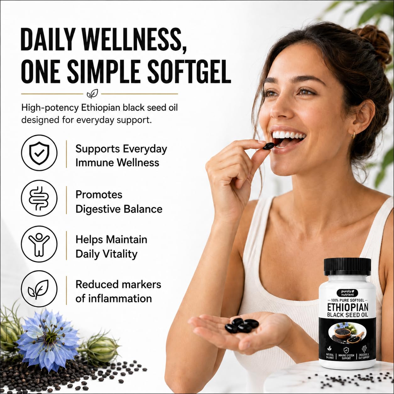 Peehss Black Seed Oil Capsules side view showing softgel
