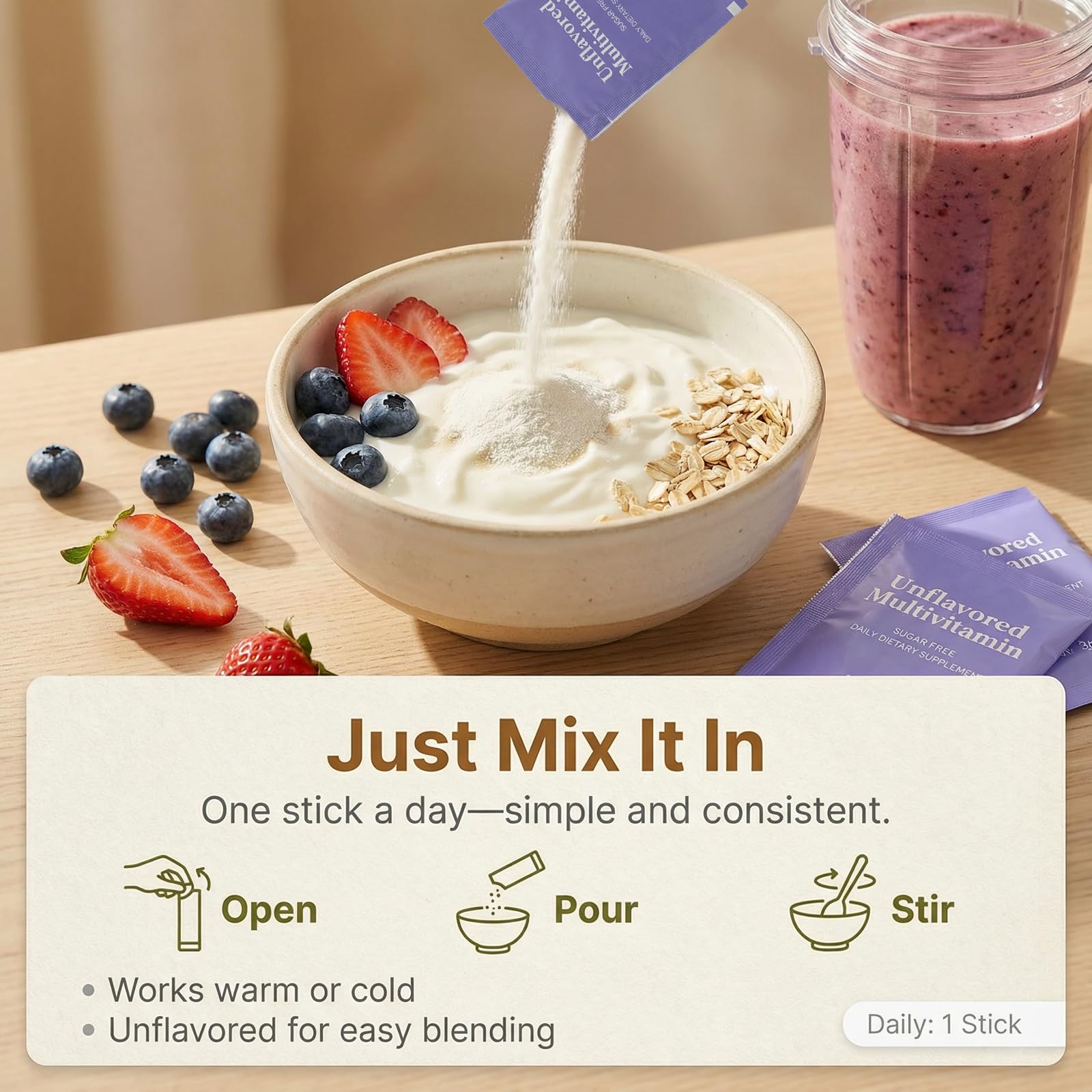 Peehss Daily Multivitamin Powder 90g in a kitchen setting