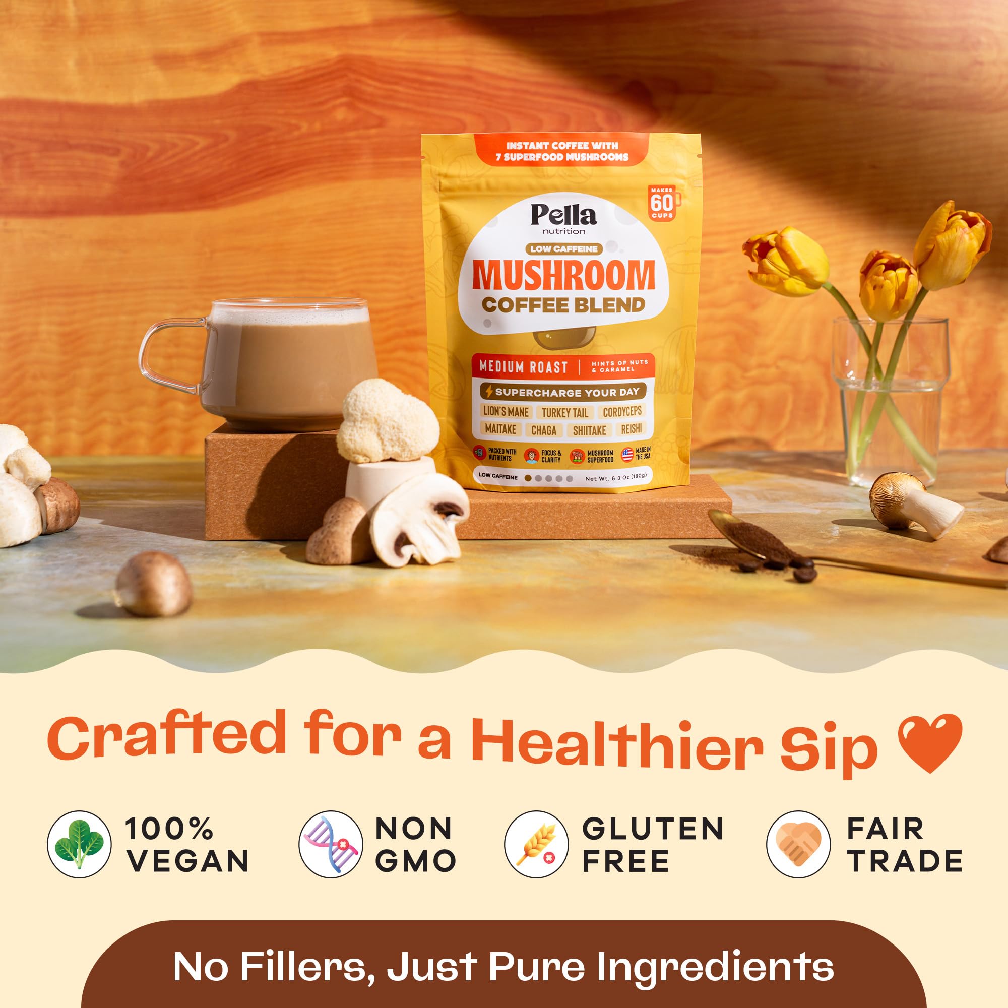 Pella Nutrition Mushroom Coffee Blend 1500mg spoonful of powder