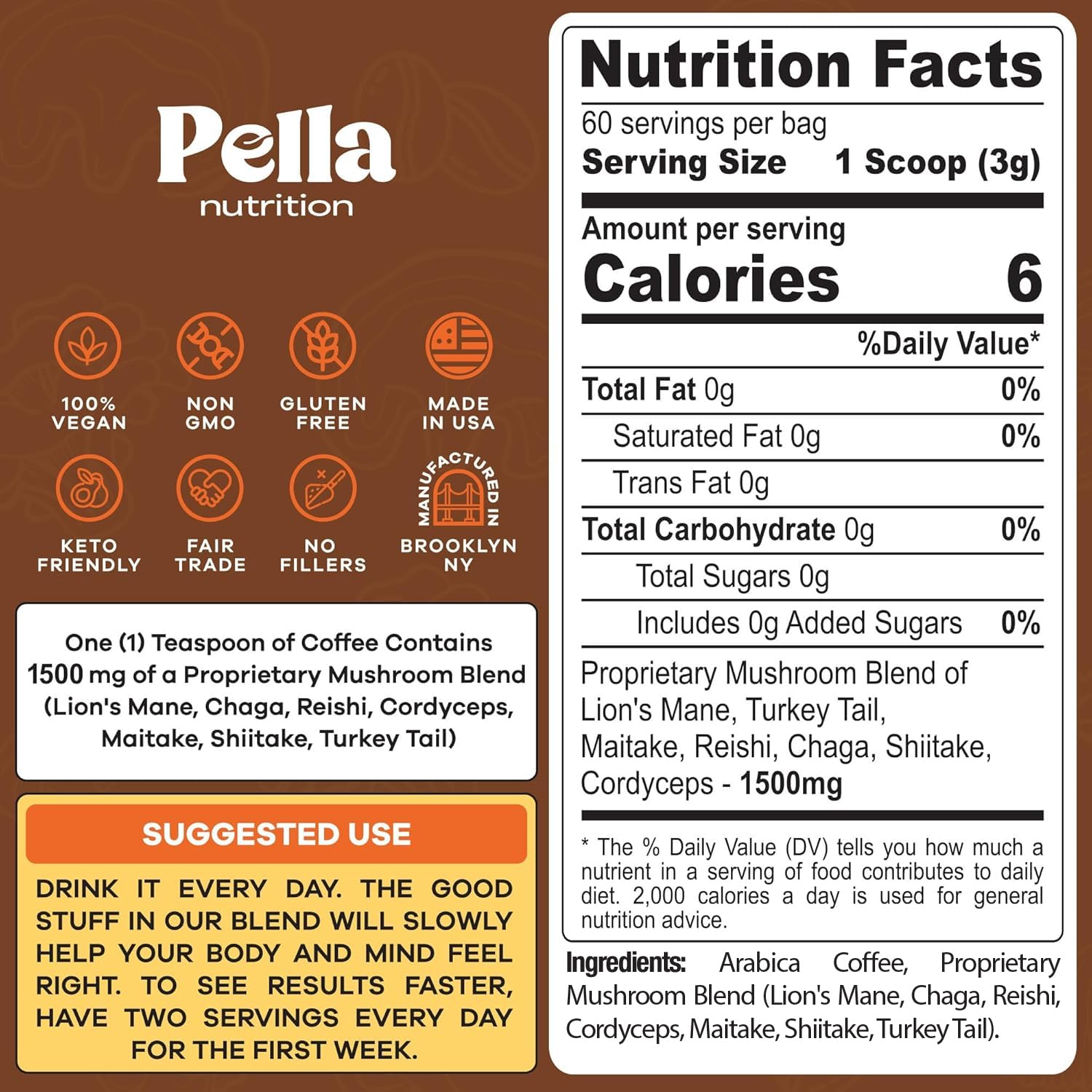 Pella Nutrition Mushroom Coffee Blend 1500mg with mushrooms