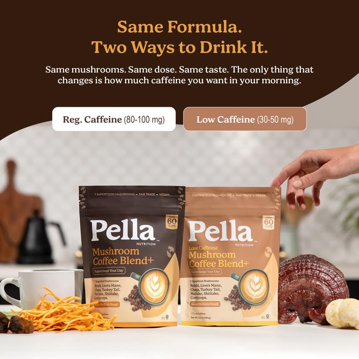 Pella Nutrition Mushroom Coffee Blend on a wooden table