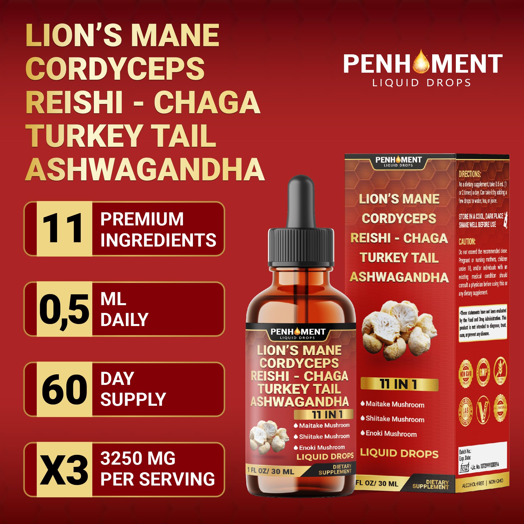 Penhoment 10in1 Liquid Mushroom Blend bottle on a kitchen counter